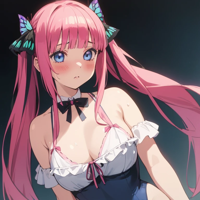 best quality, very aesthetic, Super detailed, best illustration, 1girl, one-piece swimsuit, bangs, pink_hair, blunt_bangs, hair_ornament, butterfly_hair_ornament, ribbon, black_ribbon, blue_eyes, blush, hair_ribbon, twintails, long_hair, nino