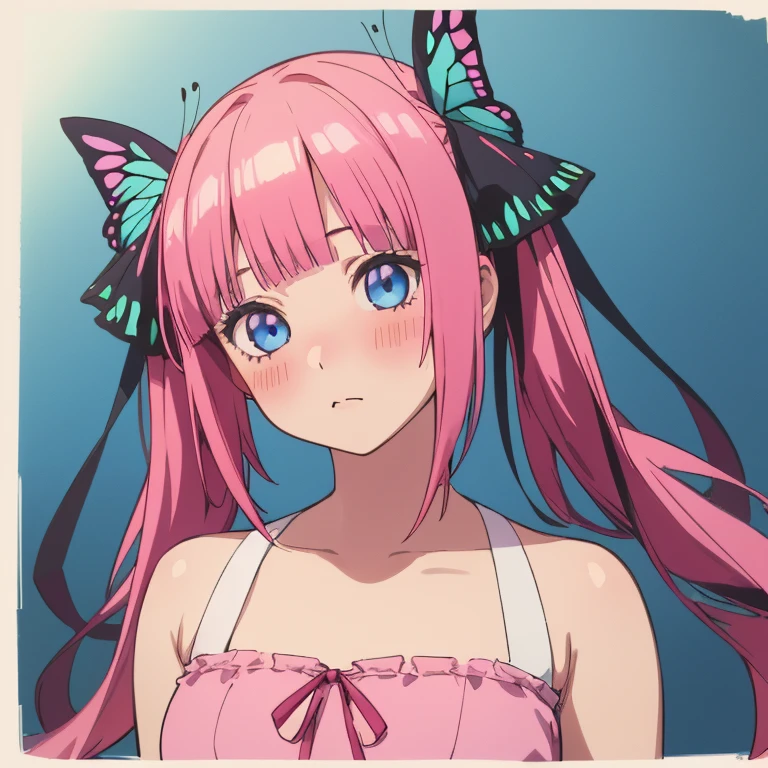 best quality, very aesthetic, Super detailed, best illustration, 1girl, one-piece swimsuit, bangs, pink_hair, blunt_bangs, hair_ornament, butterfly_hair_ornament, ribbon, black_ribbon, blue_eyes, blush, hair_ribbon, twintails, long_hair, nino