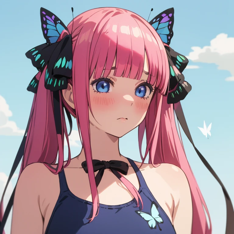 best quality, very aesthetic, Super detailed, best illustration, 1girl, one-piece swimsuit, bangs, pink_hair, blunt_bangs, hair_ornament, butterfly_hair_ornament, ribbon, black_ribbon, blue_eyes, blush, hair_ribbon, twintails, long_hair, nino