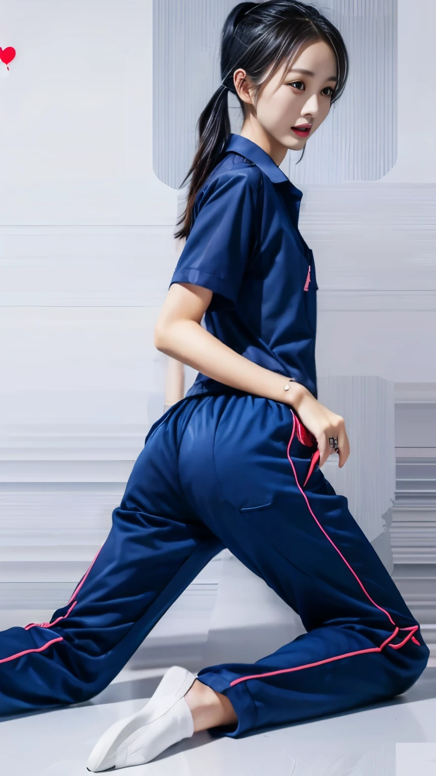 girl in prison, Navy blue short-sleeved shirt,Navy Long Trackpant,Sweatpants, Sweatpantsขายาว,25 year old girl, lesbian, sexy, exercise clothes, Sweating, เหงื่อsexy, sexually arousing