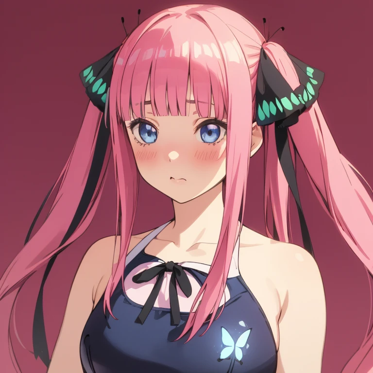 best quality, very aesthetic, Super detailed, best illustration, 1girl, one-piece swimsuit, bangs, pink_hair, blunt_bangs, hair_ornament, butterfly_hair_ornament, ribbon, black_ribbon, blue_eyes, blush, hair_ribbon, twintails, long_hair, nino