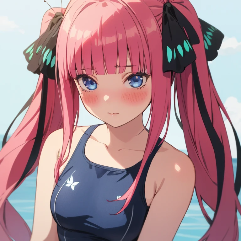 best quality, very aesthetic, Super detailed, best illustration, 1girl, one-piece swimsuit, bangs, pink_hair, blunt_bangs, hair_ornament, butterfly_hair_ornament, ribbon, black_ribbon, blue_eyes, blush, hair_ribbon, twintails, long_hair, nino