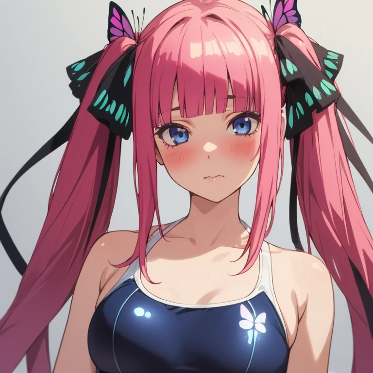 best quality, very aesthetic, Super detailed, best illustration, 1girl, one-piece swimsuit, bangs, pink_hair, blunt_bangs, hair_ornament, butterfly_hair_ornament, ribbon, black_ribbon, blue_eyes, blush, hair_ribbon, twintails, long_hair, nino