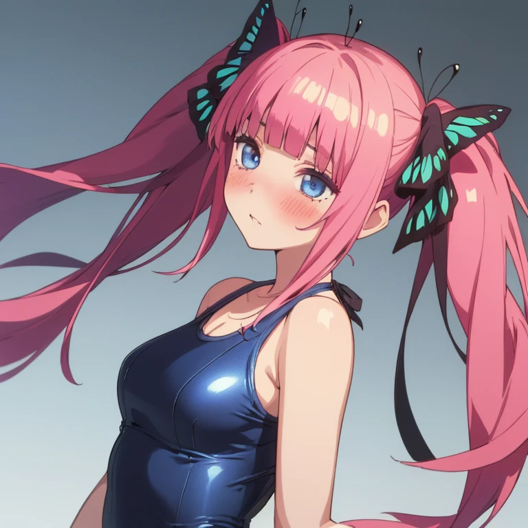 best quality, very aesthetic, Super detailed, best illustration, 1girl, one-piece swimsuit, bangs, pink_hair, blunt_bangs, hair_ornament, butterfly_hair_ornament, ribbon, black_ribbon, blue_eyes, blush, hair_ribbon, twintails, long_hair, nino