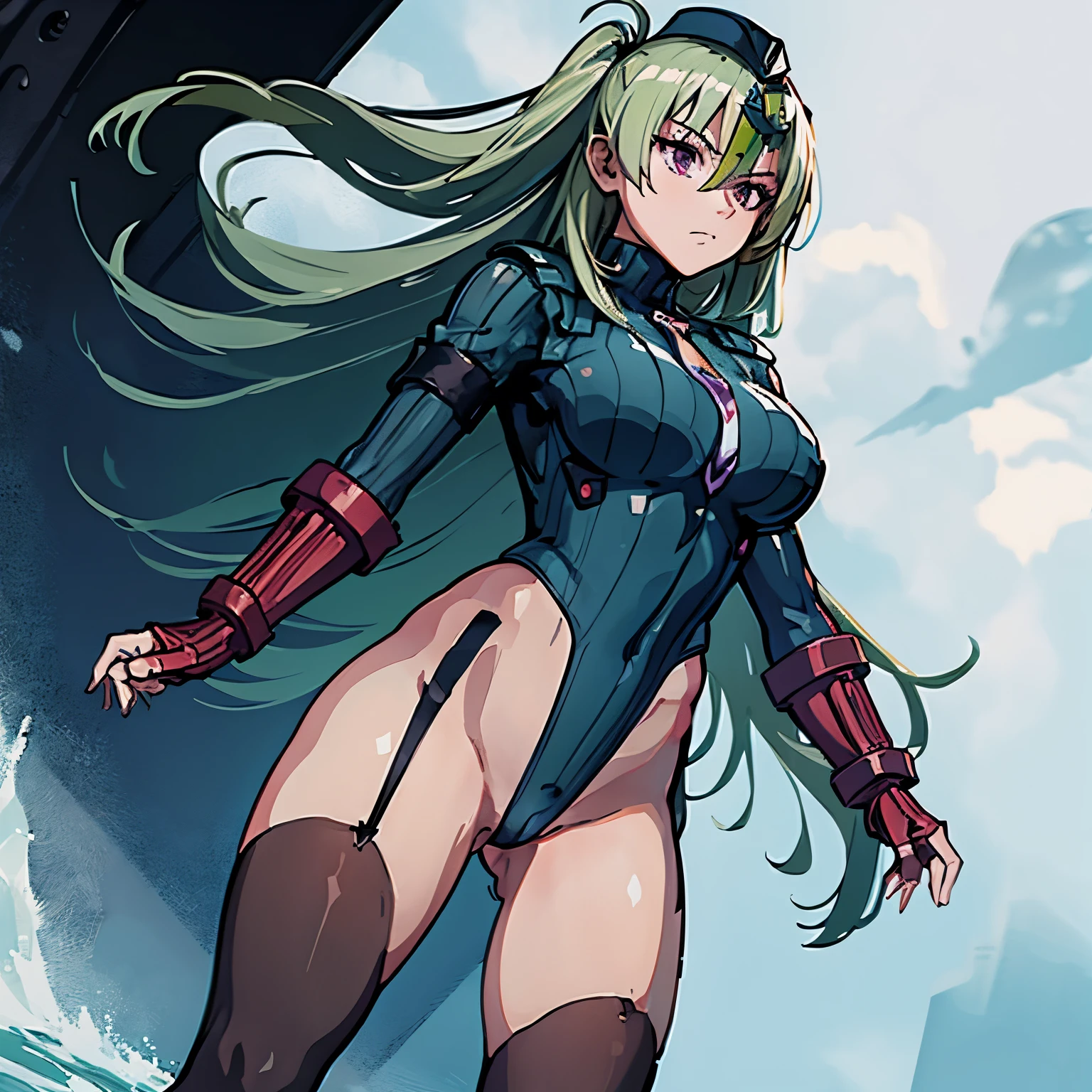 ultra-detailed, Explicit, Beautiful body, Beautiful Nose, Beautiful character design, perfect eyes, perfect face, ultra highres, 4K, beautiful legs, perfect legs, Nice hands, Perfect hand, Masterpiece, Best Quality, Highly detailed, illustration, absurdres, perfect anatomy, street fighter, doll suit, shadaloo doll, dollsuit, girls, multiple girls, expressionless, blank eyes, looking at viewer, red gloves, emotionless, black latex, corrution, mind control, female combatant, full body, hypnotized, unhappy trance, full body suit, ribbed bodysuit, both arms at side, obey, perfect female body, extremely glossy latex, hypnosis, hypnoLora, empty eyes, Mind control device, poses, submissive_pose, Slave, hat, necktie, stand up straight, standing, standing at attention, hat, necktie, belt, latex, ribbed bodysuit, thighhighs, garter belt, Fighting Stance, extending the right arm from the shoulder into the air with a straightened hand, military, thigh boots, 1girl, Solo, Isuzu Oshima, green hair, purple eyes, long hair, hair ornaments