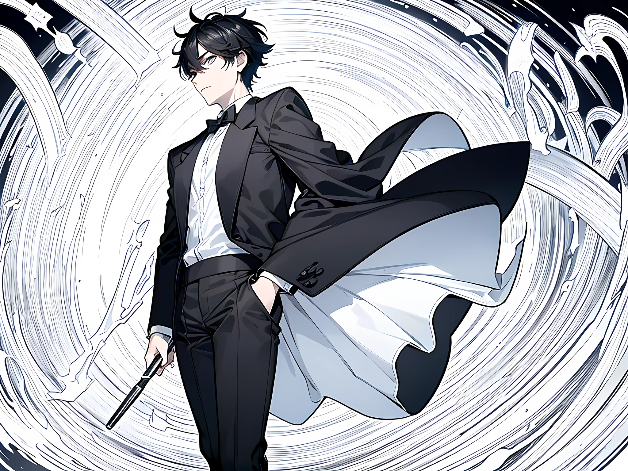 ung man magician, wearing white shirt and black long pants, short hair, black hair, scared face, face to detail, holding a magic wand, detailed eyes, standing pose, monochrome (clear line, lineart), full-body illustration