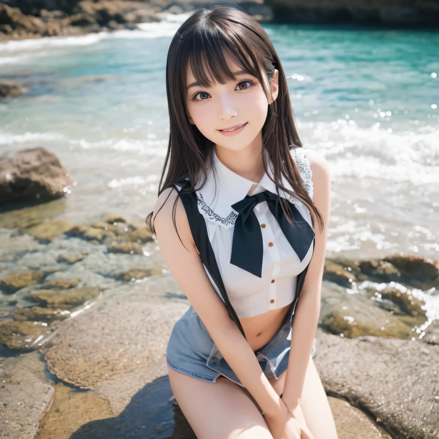 on the table, best quality, illustration, Super detailed, fine details, high resolution, 8k wallpaper, Perfect dynamic composition, Beautiful and delicate eyes,whole body摄影,show your whole body、collared shirt、mini skirt,thin and transparent、long gray hair, Bold sexy pose,Smile,Harajuku、20 year old girl、Eyeliner、beautiful bangs、hair between eyes、((masterpiece、top quality、Super detailed、movie light、intricate details、high resolution、Very detailed))、background for this、8 kood、digital SLR、soft light、high quality、film grain、富士XT3 、shallow view deep、natural soft light、Kamimei、See the knees, Set on the beach,Look at the sexy shots of the lens、Above the legs、whole body、Vest、suit、 铅笔mini skirt、Holding a bouquet of flowers、side view