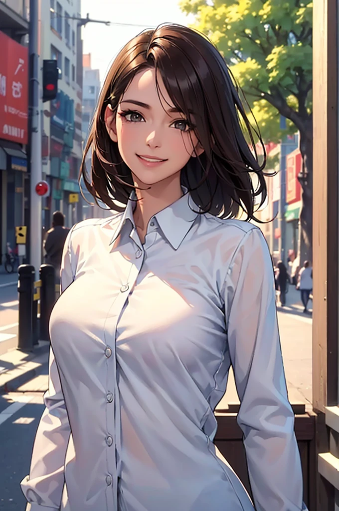 RAW photos, camera gaze, ((top quality, 8k, masterpiece: 1.3)), sharp focus: 1.2, white shirt, pretty features, best smile, cute smile, beautiful woman in perfect style: 1.4, slender abs: 1.2, dark brown hair, (natural light, city street: 1.1), highly detailed face and skin texture, detailed eyes, double eyelids