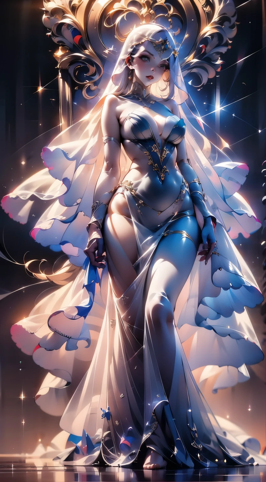 close up of tall women, pale skin, white eyes, white very long hair, long silver goddess dress, using transparent veil on head, mommy face, iron accrsory, slim shaped body, chain that surrounds the body. silver aura. devine altar, clear face, magestic, stunning beauty, masterpiece, highgest quality, masterpiece, sharp image, perfect anatomy, 4k, official art, clearly visible face, visible hair, beautiful face, perfect face, stunning eyes, feminime figure, mommy face, good looking face,