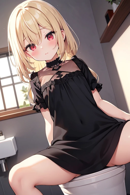 {{{masterpiece}}}, {{{best quality}}}, {{ultra-detailed}}, {nsfw}, {{an extremely delicate and beautiful、 beautiful detailed eyes}},Pee、blonde、half up、red eyes、small curve 1.2、cute 、Girl in a black dress、Hand in the crotch:1.5、avert your eyes、embarrassing、blush、please keep your mouth shut、(sitting on toilet、spread your legs wide)、Crotch fluid、from below:1.5、to close range
