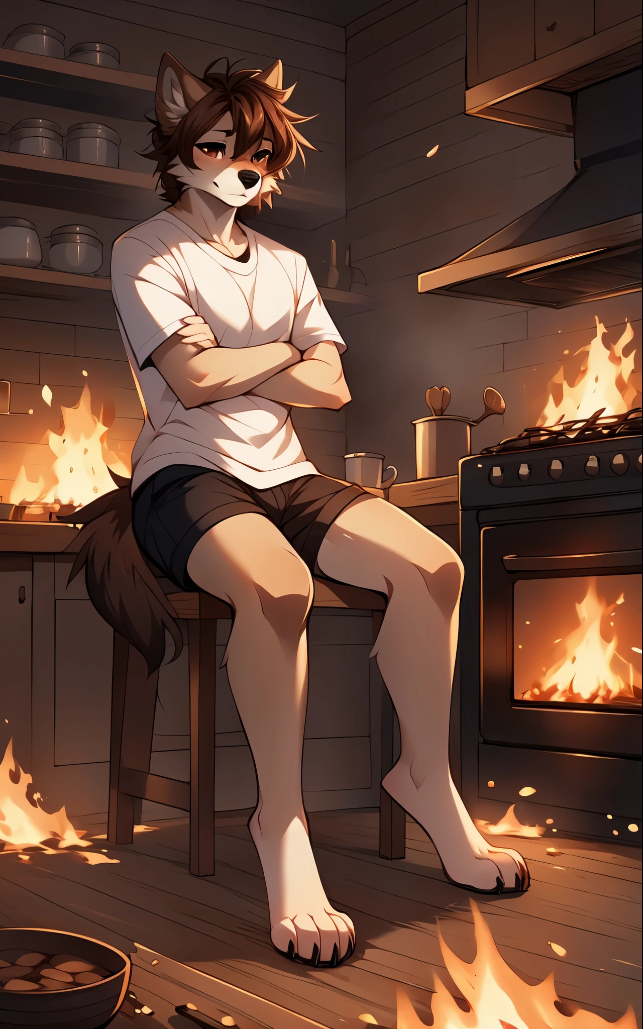 Jaiden, solo, by fumiko, by hyattlen, by hioshiru, brown wolf male, brown ears, shaggy brown hair, brown eyes, looking forward, cute snout, black nose, wearing white t shirt, black shorts, barefoot, sitting on a wooden chair, a table in front of him, in a burning kitchen, the kitchen is on fire, stiff sitting position, burning house, fire:2, everything is on fire!