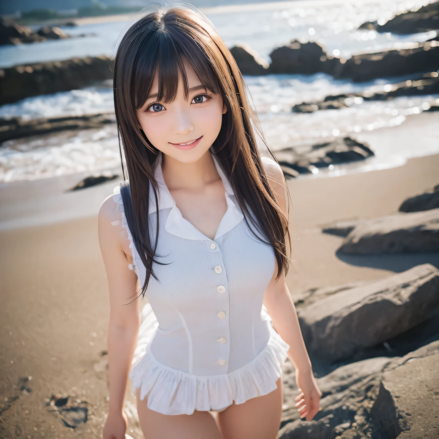 on the table, best quality, illustration, Super detailed, fine details, high resolution, 8k wallpaper, Perfect dynamic composition, Beautiful and delicate eyes,whole body摄影,show your whole body、collared shirt、mini skirt,thin and transparent、long gray hair, Bold sexy pose,Smile,Harajuku、20 year old girl、Eyeliner、beautiful bangs、hair between eyes、((masterpiece、top quality、Super detailed、movie light、intricate details、high resolution、Very detailed))、background for this、8 kood、digital SLR、soft light、high quality、film grain、富士XT3 、shallow view deep、natural soft light、Kamimei、See the knees, Set on the beach,Look at the sexy shots of the lens、Above the legs、whole body、Vest、suit、 铅笔mini skirt、Holding a bouquet of flowers、side view