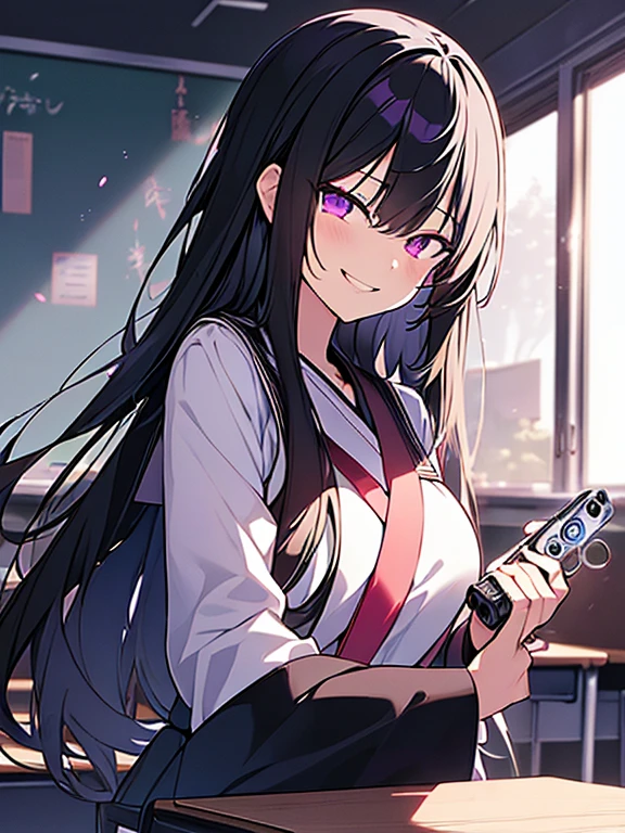 





((8k sharp, looking at viewer, wicked smiles, Yandere expression,)), A girl, black long haired, Purple Eyes, wearing White Japanese, ((holding a stun gun left hand)), Background,(classroom:1.5), Night, Moon shines,backlighting,masterpiece,best quality,exquisite,8k,absurdres,super fine illustration,(looking at viewer)
