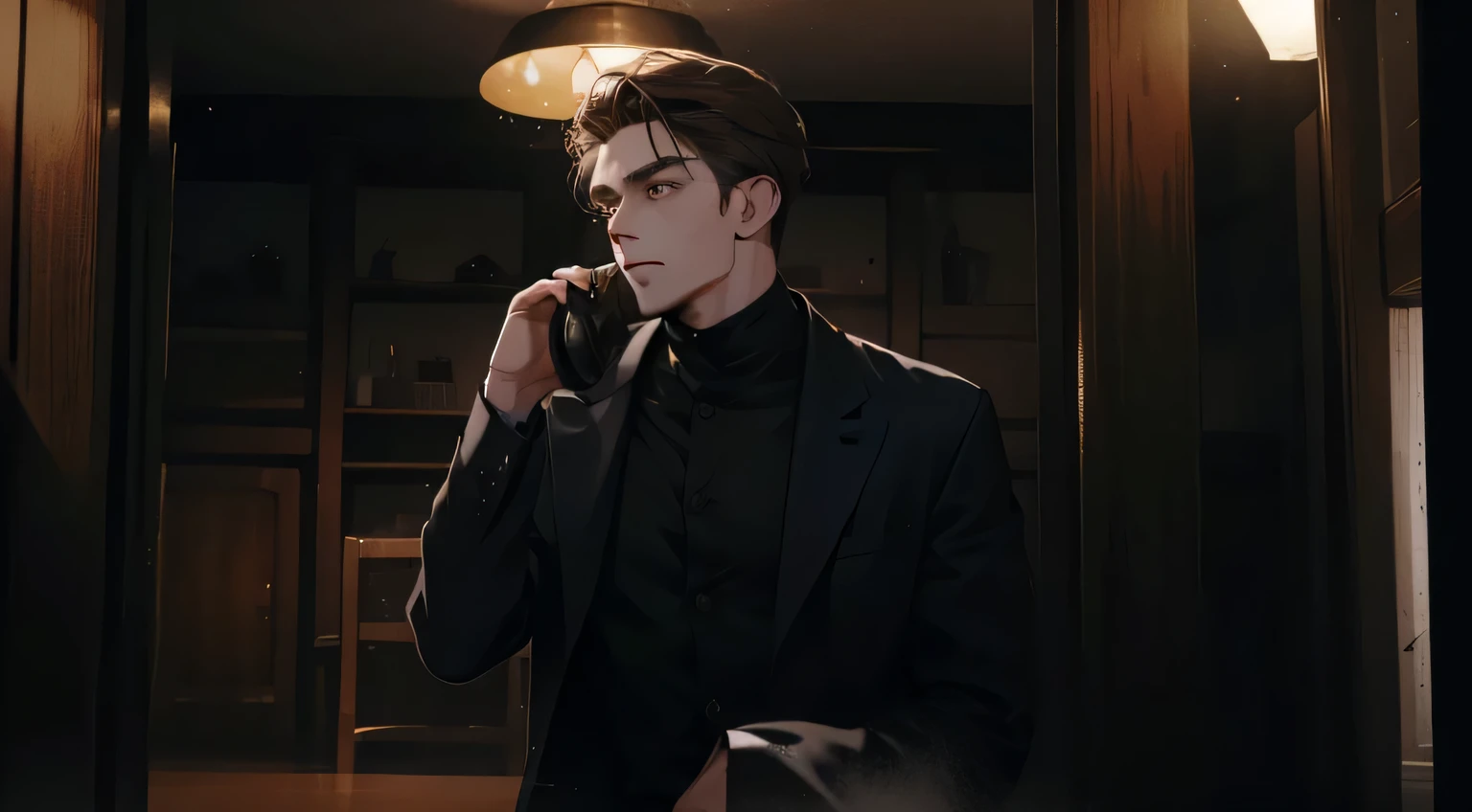 masterpiece, best quality, actual, 1 person, mature male, Quiet and charming young man, 35 years old, Lecture phone number, portrait, extremely detailed face, sneering, ((dark gray eyes)), ((Dark brown right-handed short hair)), [thick eyebrows], ((suit)), Handsome, whole body, western, Jewish, light brown-skinned,