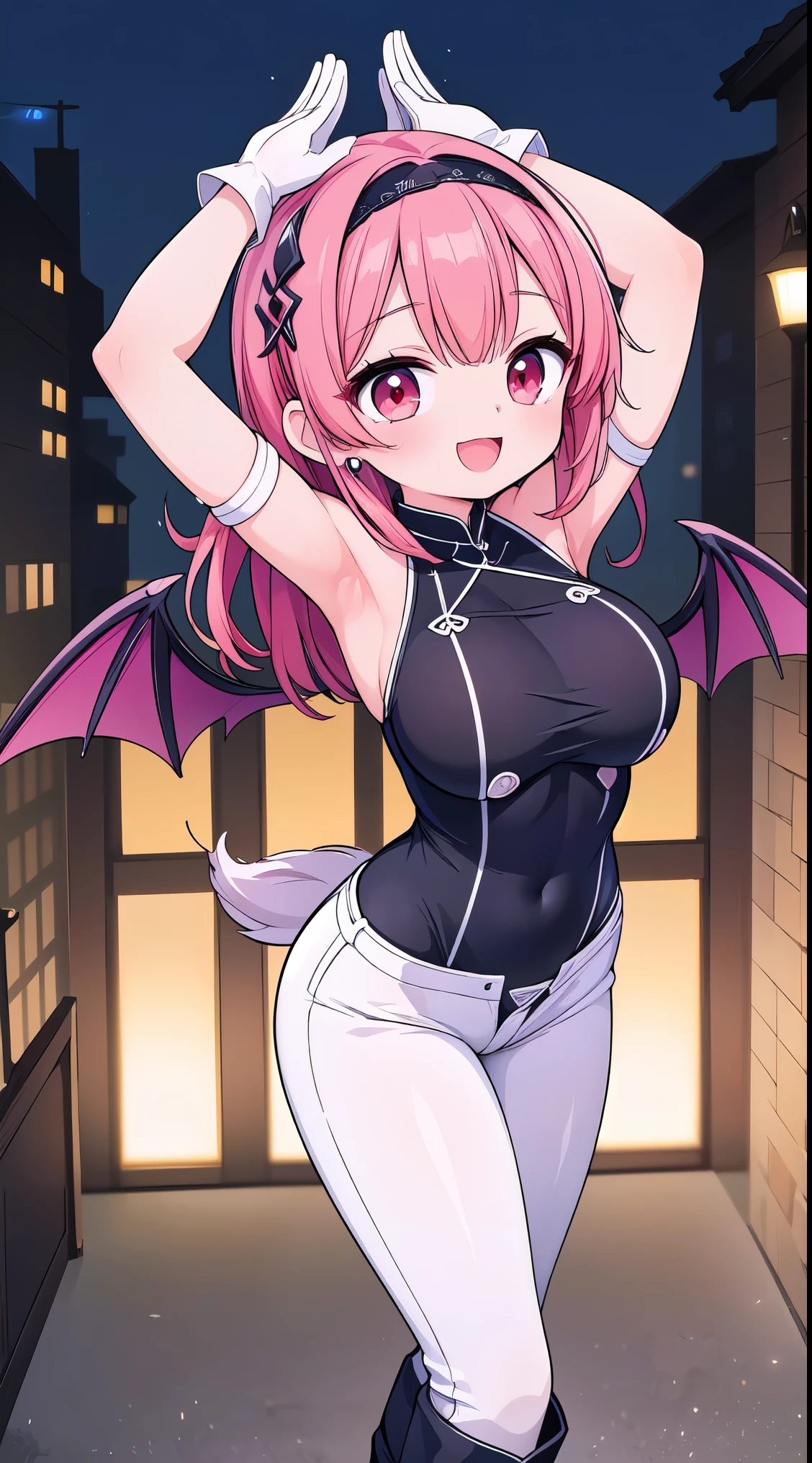 最high quality、best image quality、masterpiece、realistic skin、NSFW:1.2、cute 、Teenager woman、((18-year-old、Satan, succubus、devil、 devilの尻尾, belly button, Black wings,、Leather skirt、wicked smile:1.2)）high quality、、With background((flying in the sky、City of night、heart、looking down from a very high place、the building looks small))、elaborate design、visual art、high contract、best lighting、most detailed、cinematic angle、perfect lighting、Perfect dissection、 anime style、official art