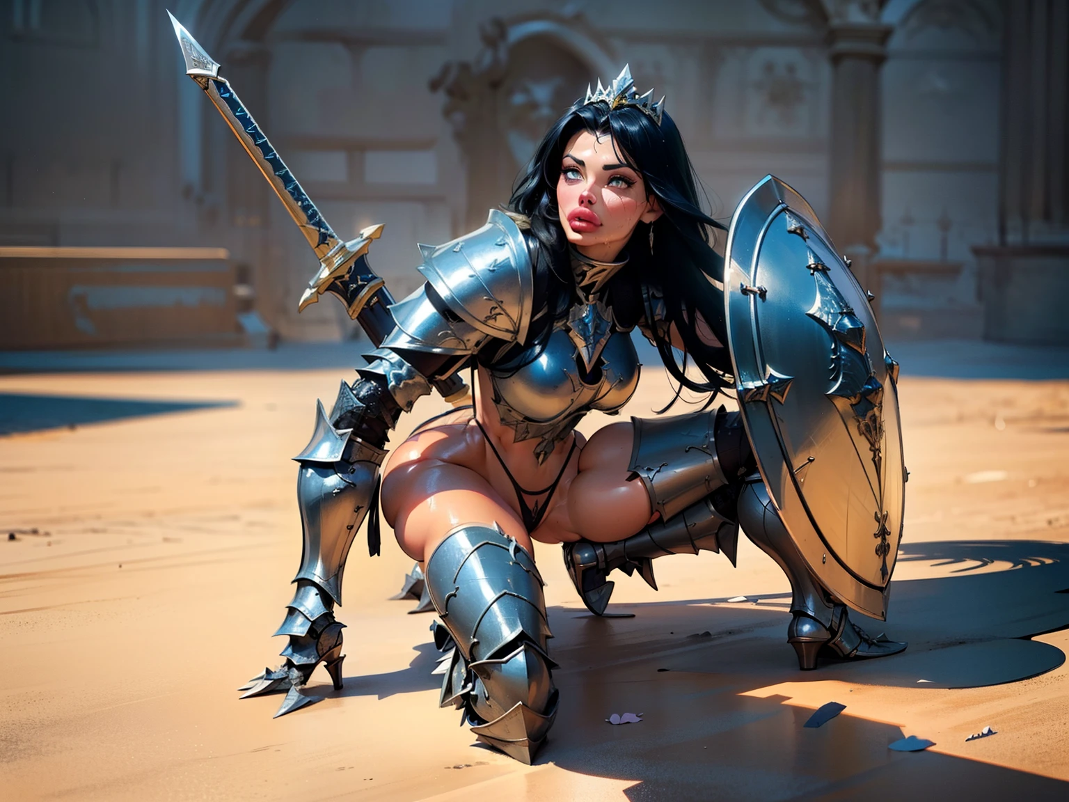 Aletta ocean face, woman, ((long hair)), blackblue hair, ((beautiful)), hair split in middle, adorned in medieval armor, twerking, metal muscles, emanating a medieval elegance and marvel, armor pump bootreastplate)), chrome silver tiara, small armband, (shoulder armor), gauntlets, ((armored thong:1.5)), sword, shield, exposed midriff, (puffy lips:1.3), detailed eyes, ((slendered abs )),((sweaty), wide hips, (puffy lips:1.5), slender abs,rim lighting, side light, cinematic light, ultra high definition, 8k, film grain,best shadow, light particles, detailed skin texture, detailed gem armor texture, detailed face, intricate details, super detailed, bright, spiked heel boots