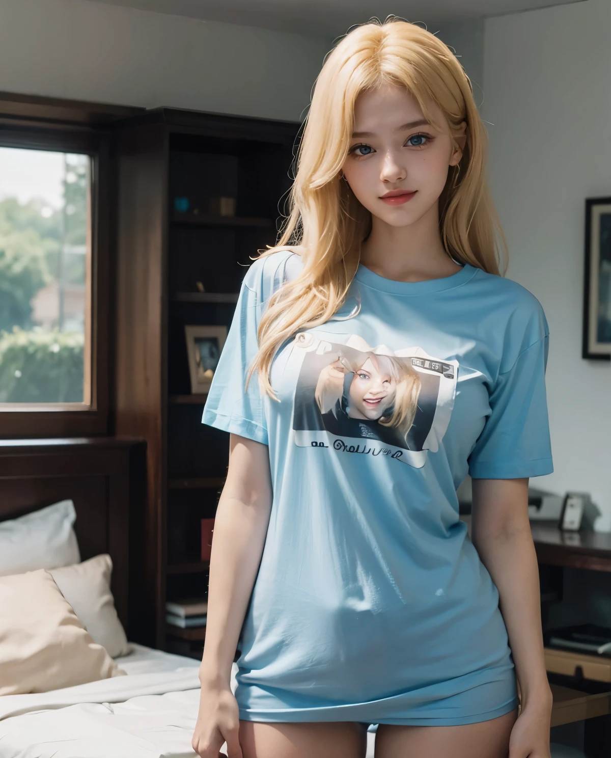 Realstic、best quaity、Highres、マスタース16歳、Blond Hair、beautifulface、The girls、Naked oversized t-shirt、Shirt pulling、red tide、Sitting、Side lying、Narrow toilet