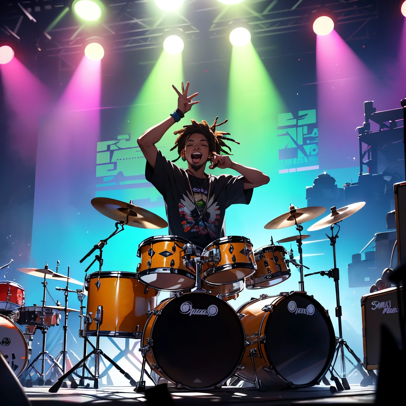 (baterista de reggae:1.1, reggae drummer:1.1, playing drums, vibrant colored clothes, holding drumsticks, smoke-filled stage, colorful lights, energetic performance, lively rhythm, lively crowd, reggae vibes)