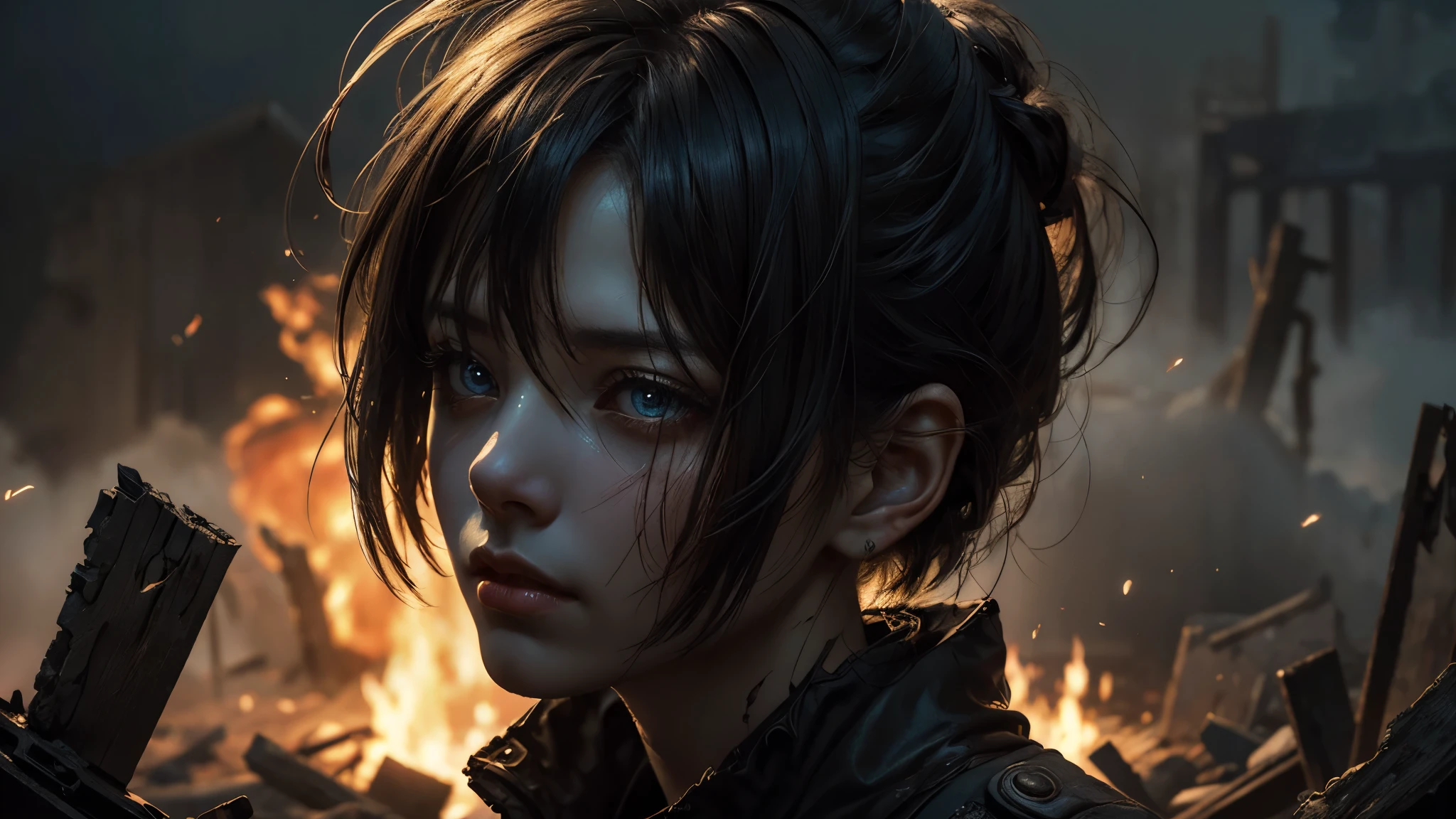 On the battlefield,A portrait of a woman immersed in grief appears before your eyes。She has short hair,flowing in the wind,Exuding a mysterious power。her eyes averted,As if there is endless sadness。The whole picture is filled with an atmosphere of pain and mourning.。
Around her is an ancient battlefield,filled with smoke and fog。Dust and burning embers can be seen everywhere on the battlefield,It seems to be telling the lives that have passed away。These wreckage and ashes add a desolate and solemn atmosphere to the whole picture。
Details,The artist painted the female eyes with extreme detail。The beauty and delicacy of the eyes are comparable to works of art。The delicate depiction of smoke and ashes also makes the whole picture more lifelike.。Superb image quality,The details are extremely realistic,Realistic and fine,Reached the ultra-high definition level of 4k。
The overall tone of the picture is dominated by realism,Emphasis on true and delicate depiction。In the use of light,The women in the painting are illuminated by soft lights,highlight her image,It also creates a dark atmosphere,Symbolizes pain and sorrow。
This portrait is steeped in grief and mourning.,Depicted with high quality painting techniques and details,Taking the viewer into an emotional world of pain and loss,It shows the artist's in-depth thinking and depiction of the deep emotions in human nature.。