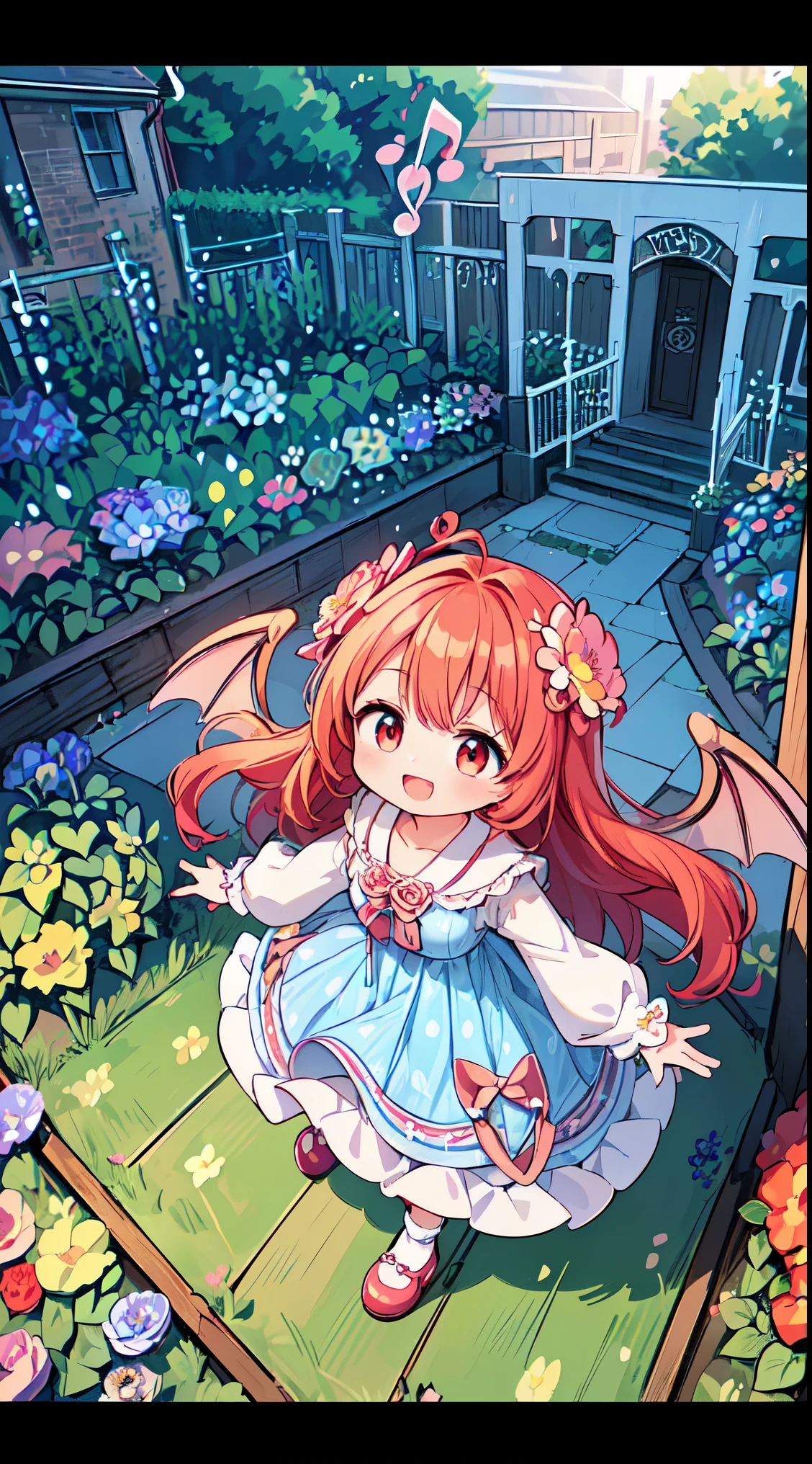 (super fine illustration:1.2),(masterpiece, 8k), (best quality, high quality:1.4), perfect anatomy, hyper detailed, ultra detailed,masterpiece background,beautiful detailed background, v8k wallpaper,perfect design,award-winning art,atmospheric,
BREAK, 1 beautiful girl, (Beauty:1.5),(Chibi:0.5),(kawaii:2.0),(Cool:2.0),((17 year old girl),(Solo:1.65),BREAK, (huge-breasted:1.2,), Clear skin, Beautiful skin, Shy, 1 beautiful woman,Demons,Colossal tits(The hair 弓, Red hair, Long hair, 反転したThe hair, 乱雑なThe hair,Wings of an angel on the back, Demon King's horn on the head:1.2), (Red Eyes, long eyelashes, Double eyelids: 1.2), Shiny skin,de pele branca,dial,(最高品質のfaces),(最高品質の輝くThe eye),(ドヤfaces,勇敢なfaces:1.45), (最高の笑faces,:D:1.45),
BREAK, (music motif inspired:1.2), white lace, (closed collar long-sleeved blouse:1.2) with frilled and ribbon, a volumey pannier under a (musical note-pattern long dress:1.6) with (lots of layered frills:1.2) and ribbons, (lace ruffle socks:1.2), music-themed accessories, hat, platform shoes,BREAK, (flower garden:1.8), (magic circle:1.3), (fantasy:1.5), (long shot:1.5), Midday, (light rays:1.2), lights, blue sky, wind, fluttering petals, illusion effect, magic effect,
BREAK,wakame,wakame,wakame,(looking up,from front above:1.5)
(going up on stairs:1.5),
BREAK,(Blurry background:1.3),(absurderes, hight resolution, Super Detail Art),cel shading,Clear Color, Lonely optical effect, Beautiful pictures, Bright glow, mystic atmosphere,(Close-up of girl:1.1), Mystical light particle effect,manga influence, clean line drawings,