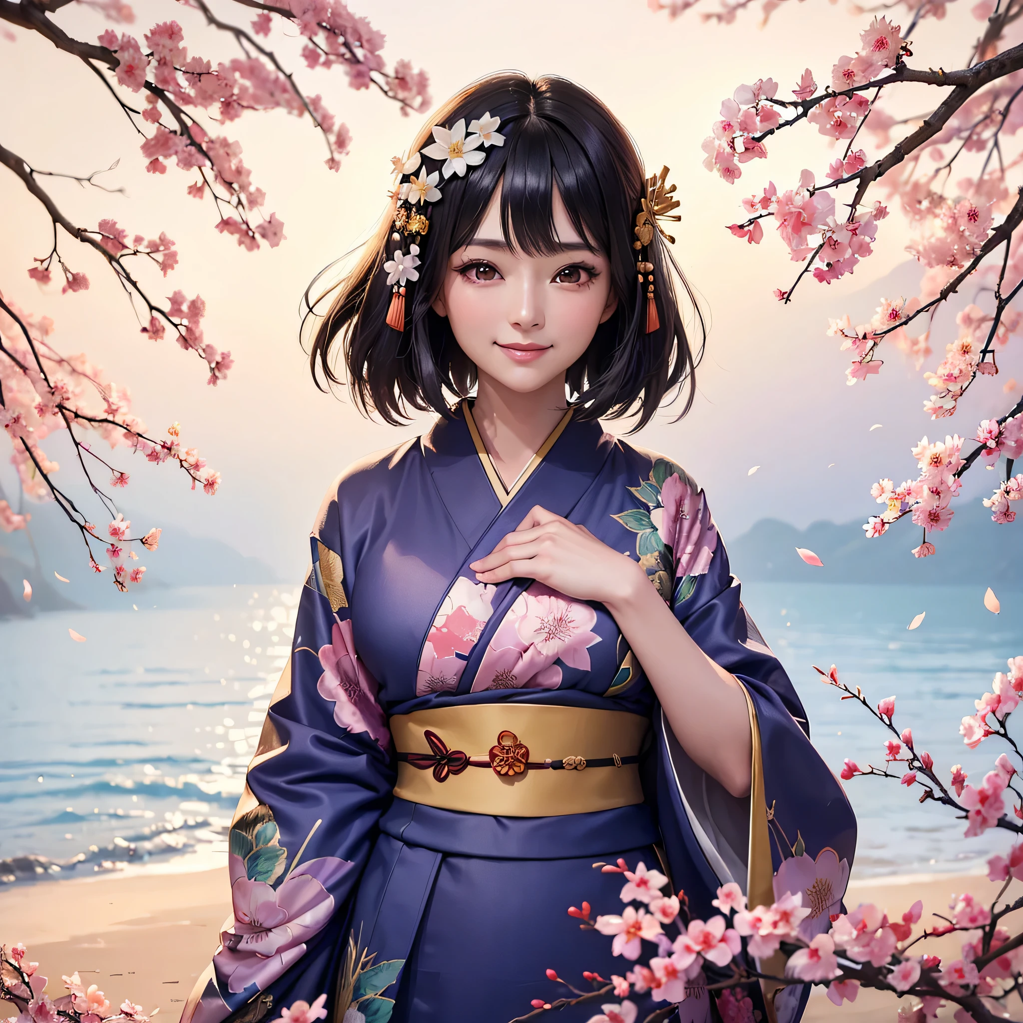 (Super beautiful woman in kimono)、((highest quality、8K masterpiece:1.3))、sharp focus:1.2、(super beautiful face:1.0)、(shiny skin:1.0)、realistic pictures、black haired、video writing、High resolution eyes and face、video writing、japanese actress、from the front、Medium chest、with a happy smile、wearing a kimono、under the autumn leaves、highest grade obi