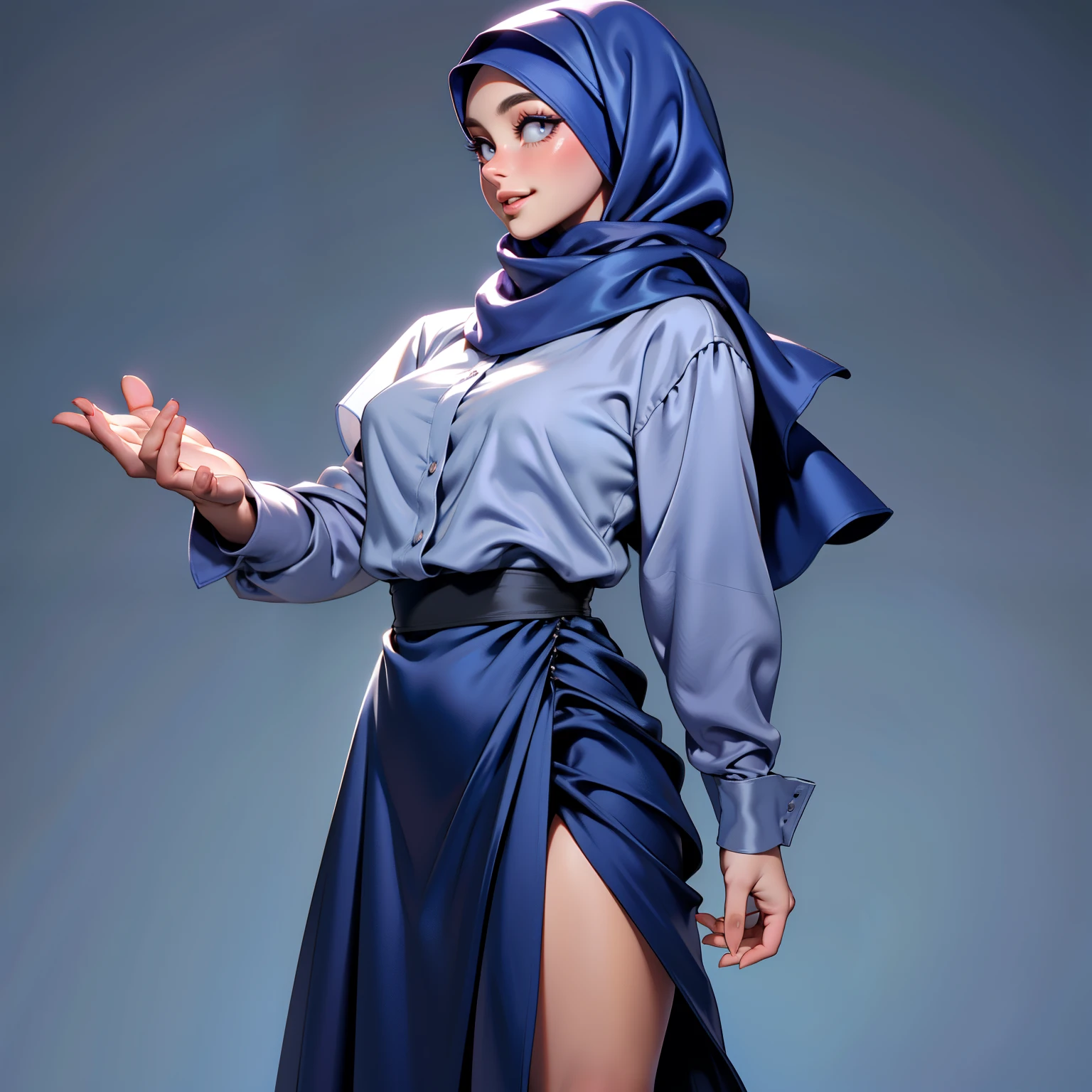 3dmm style, Masterpiece, realistic, best quality, best lighting, beautiful mature Czech woman, 1 girl photo solo, beautifully makeup, eyeshadow, Parted Lips, Detailed Eyes, beautiful big eyes, long eye lashes, dimples on the cheeks, smile, wearing ((Dark blue satin hijab)), loosely tide hijab style, ((gray satin shirt and satin long skirt)), ((front view)), (half-body portrait), front view, standing straight, symmetric Centered facing the viewer.