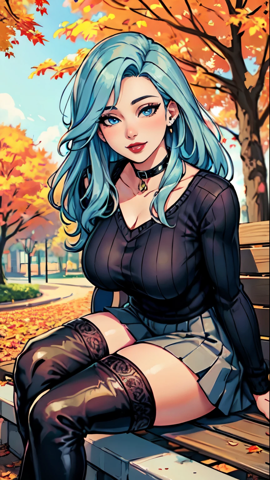 Masterpiece, raw, beautiful art, professional artist, 8k, art style by sciamano240, very detailed face, very detailed hair, 1 woman, perfectly drawn body, beautiful face, long hair, light blue hair , very detailed blue eyes , rosey cheeks, intricate details in eyes, playful smile, looking directly at viewer , in love with viewer expression, black chocker, lipstick, wearing cute fall clothes, sweater, short skirt, dior thigh boots, full body view, sitting on park bench, sunny day fall setting,