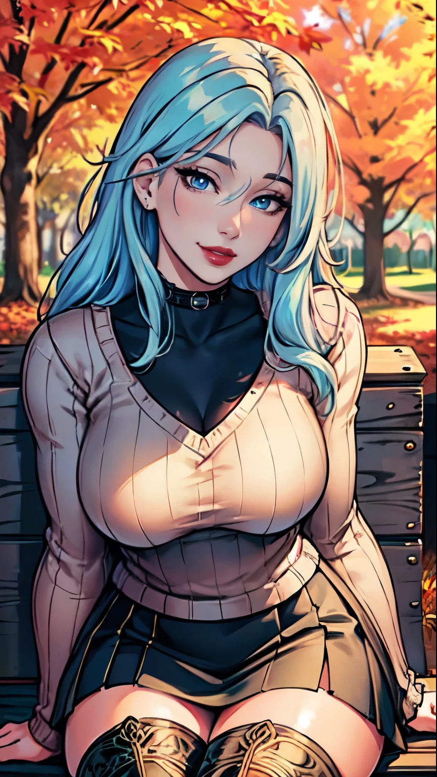 Masterpiece, raw,  beautiful art, professional artist, 8k, art style by sciamano240, very detailed face, very detailed hair, 1 woman, perfectly drawn body, beautiful face, long hair, light blue hair , very detailed blue eyes , rosey cheeks, intricate details in eyes, playful smile, looking directly at viewer , in love with viewer expression, black chocker, lipstick, wearing cute fall clothes, sweater, short skirt, dior thigh boots, full body view, sitting on park bench, sunny day fall setting, 