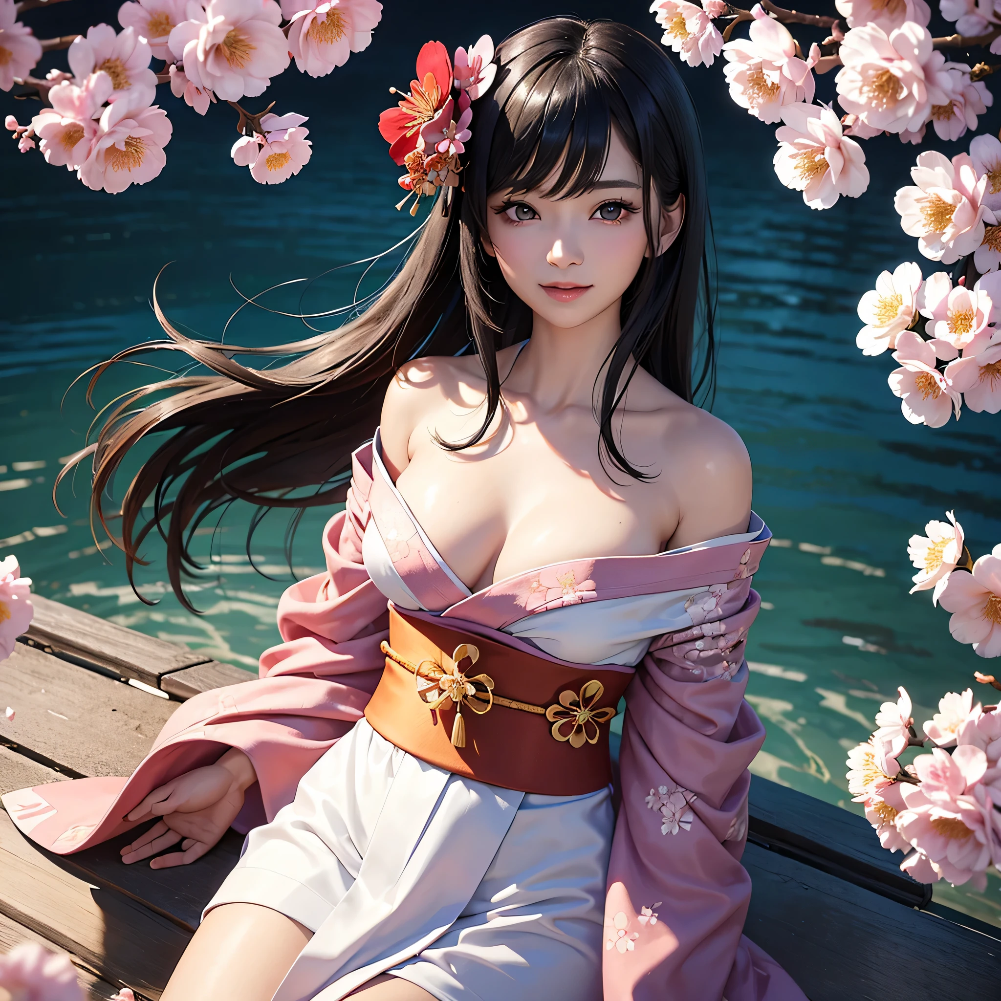 (Super beautiful woman in kimono)、((highest quality、8K masterpiece:1.3))、sharp focus:1.2、(super beautiful face:1.0)、(shiny skin:1.0)、realistic pictures、black hair、video writing、High resolution eyes and face、video writing、japanese actress、from the front、Medium chest、with a happy smile、The beauty of slender abs、whole body、wearing a kimono、cherry blossom in full bloom、luxury obi