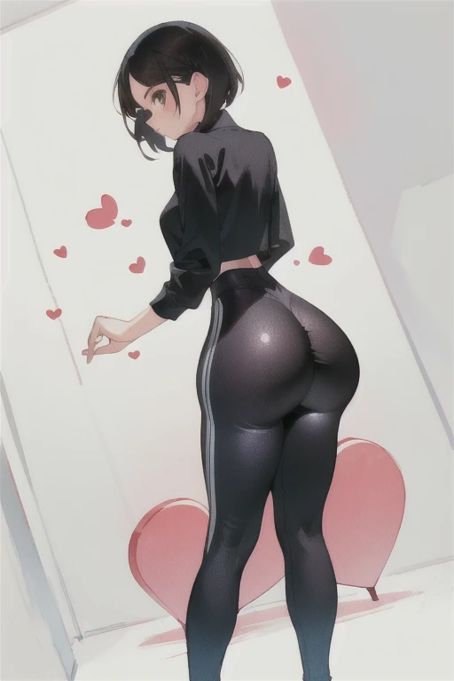 (we see her big heart shaped ass from a low angle from behind:1.5),((tight short leggins shorts)),(((1girl))),((short hair)),(),35yo,(she is standing standing straight),navel, hips, tiny waist,brown eyes,nerdy,(standing straight:1.5),((ass crease)),award winning,artstation,photorealistic,uhd,((m cup)), [kendall jenner: Kylie Jenner 0.5],ass in center, in front of a white wall,no mirror