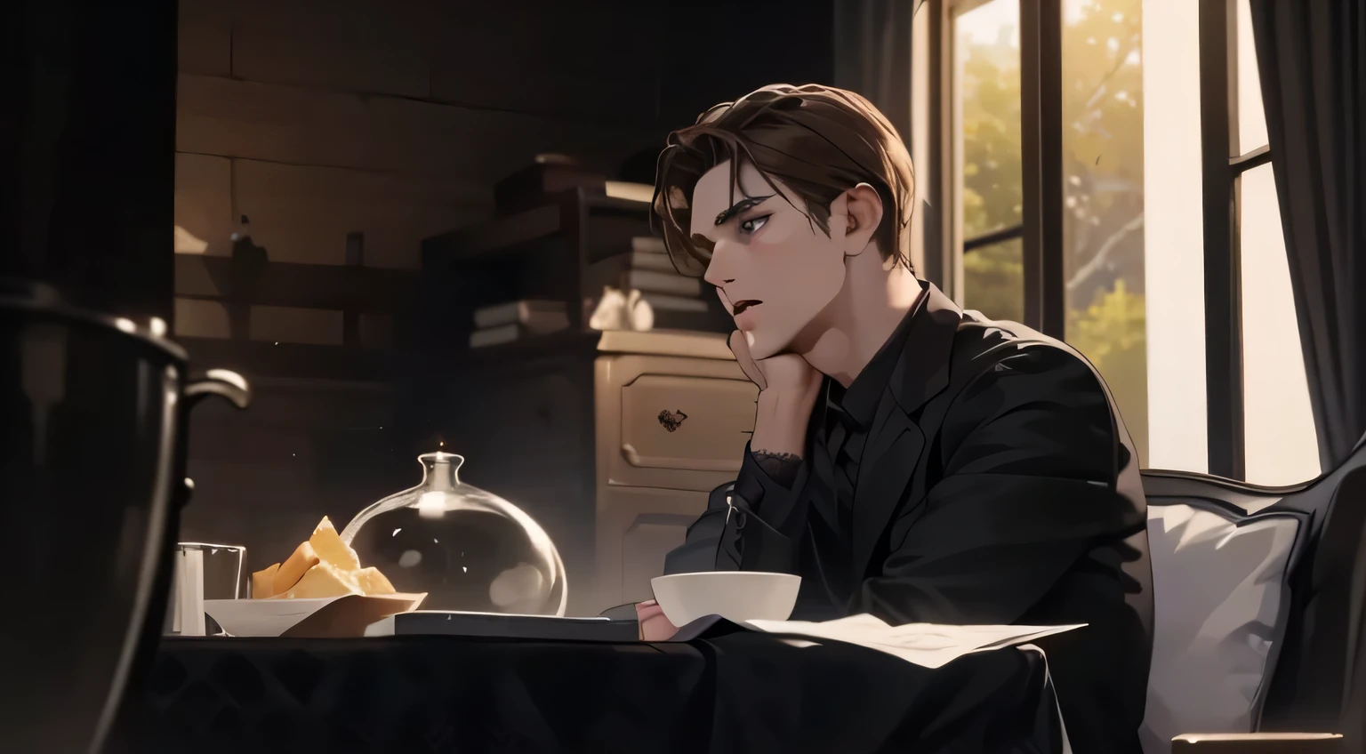 masterpiece, best quality, actual, 1 person, mature male, Quiet and charming young man, 35 years old, to talk, open mouth,  portrait, extremely detailed face, sneering, ((dark gray eyes)), ((Dark brown right-handed short hair)), [thick eyebrows], ((suit)), Handsome, whole body, western, Jewish, light brown-skinned,