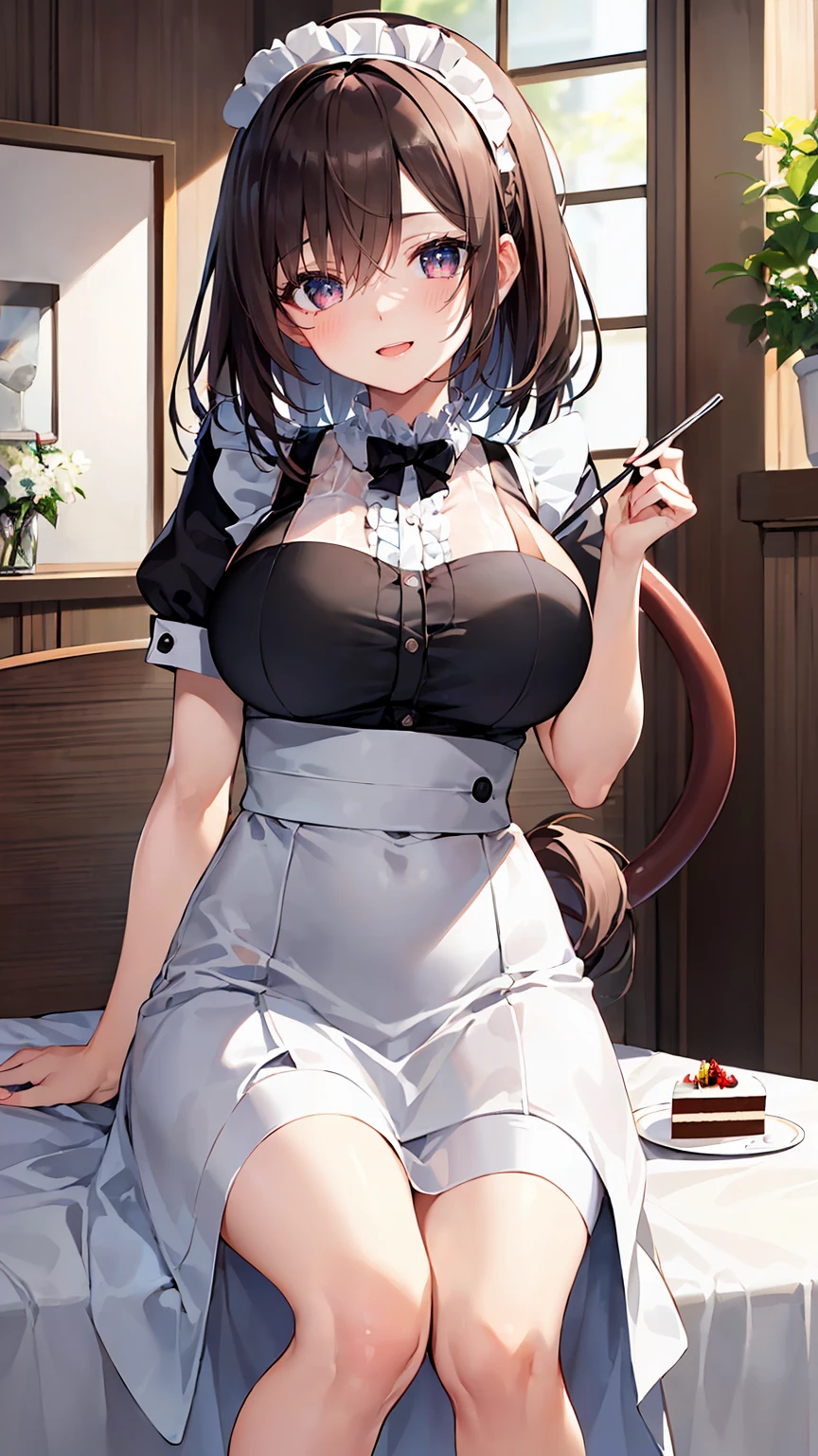 (nsfw:1.3),(open chest:1.3),highest quality, masterpiece, long eyelashes, Sparkling輝く目, Dresses with ruffles and ribbons, Eat cake in a café, Sparkling, Cat ear, flower hair ornament,