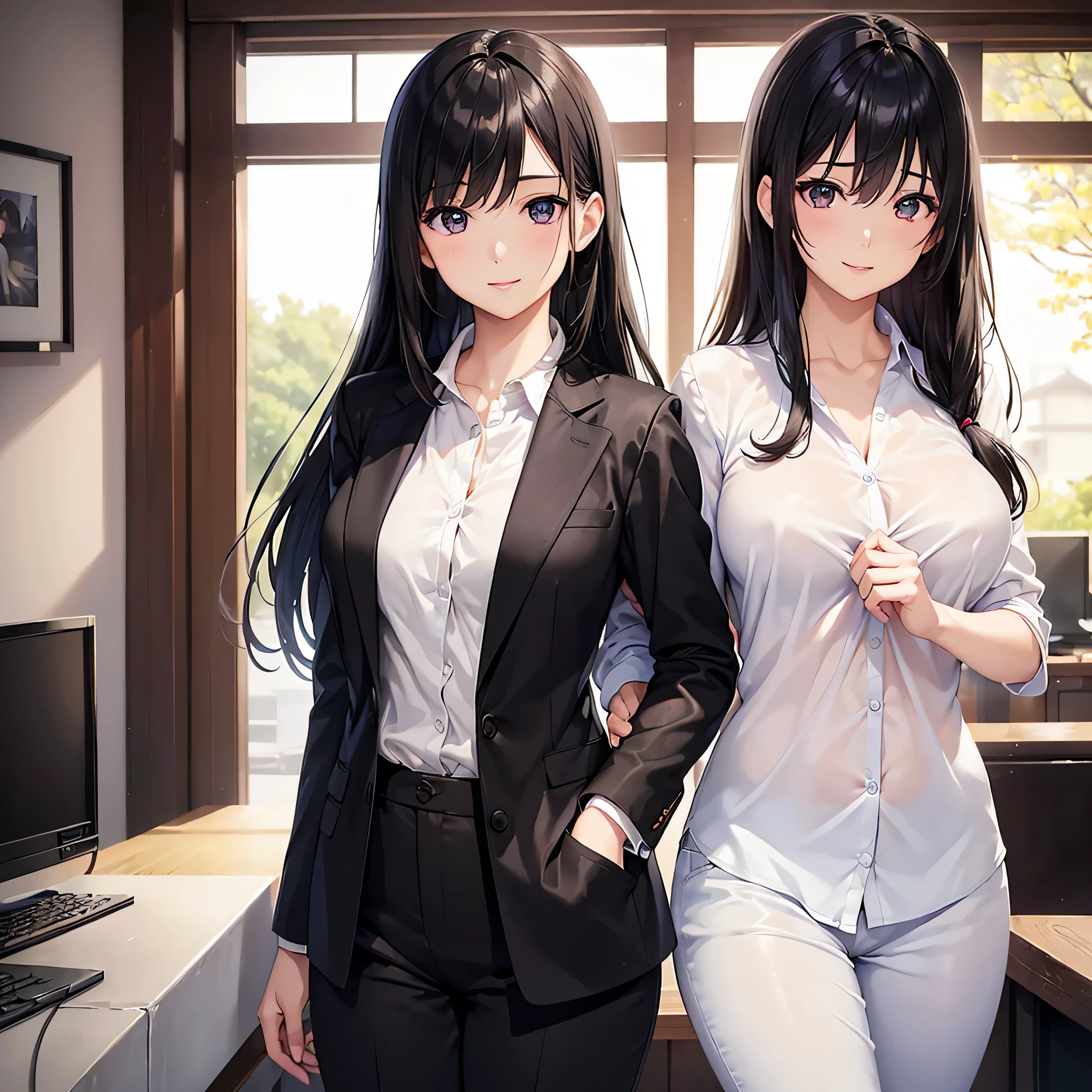 One super beautiful woman、((highest quality、8K masterpiece:1.3))、sharp focus:1.2、(super beautiful face:1.0)、(shiny skin:1.0)、realistic pictures、black hair、video writing、High resolution eyes and face、The front side of the middle breasts of Japanese idol actresses、shy smile、The beauty of slender abs、whole body、wearing a suit、(wearing a shirt)、At work