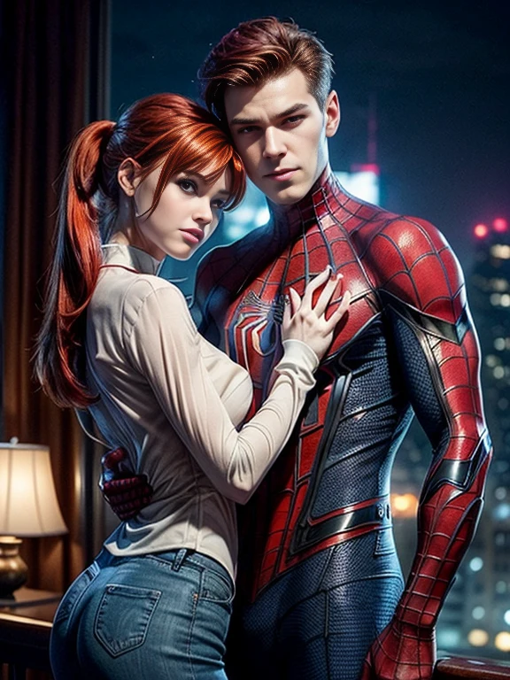 Beautiful maey jane watson and a spider-man, in perfect body, close up, rooftop with skyline, holding on each to another. A ((mary jane watson is beautiful in (blouse:1.2), slender body, posture, clear and bright skin, red hair in ponytail, huge breast):1.3). A ((spider-man is tall with good face, red blue auit, good hand, perfect hand, manly):1.3), hold on together, front to back. Romantic vibe, cozy and lovely atmosphere, blue colors, foggy background, photon mapping.