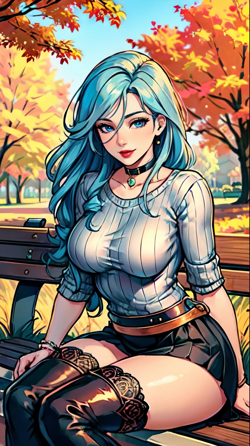 Masterpiece, raw,  beautiful art, professional artist, 8k, art style by sciamano240, very detailed face, very detailed hair, 1 woman, perfectly drawn body, beautiful face, long hair, light blue hair , very detailed blue eyes , rosey cheeks, intricate details in eyes, playful smile, looking directly at viewer , in love with viewer expression, black chocker, lipstick, wearing cute fall clothes, sweater, short skirt, dior thigh boots, full body view, sitting on park bench, sunny day fall setting, 