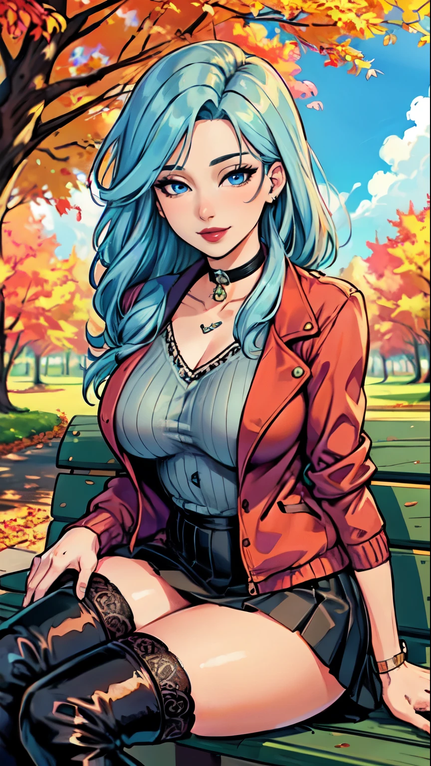Masterpiece, raw, beautiful art, professional artist, 8k, art style by sciamano240, very detailed face, very detailed hair, 1 woman, perfectly drawn body, beautiful face, long hair, light blue hair , very detailed blue eyes , rosey cheeks, intricate details in eyes, playful smile, looking directly at viewer , in love with viewer expression, black chocker, lipstick, wearing cute fall clothes, jacket, sweater, short skirt, dior thigh boots, full body view, sitting on park bench, sunny day fall setting,