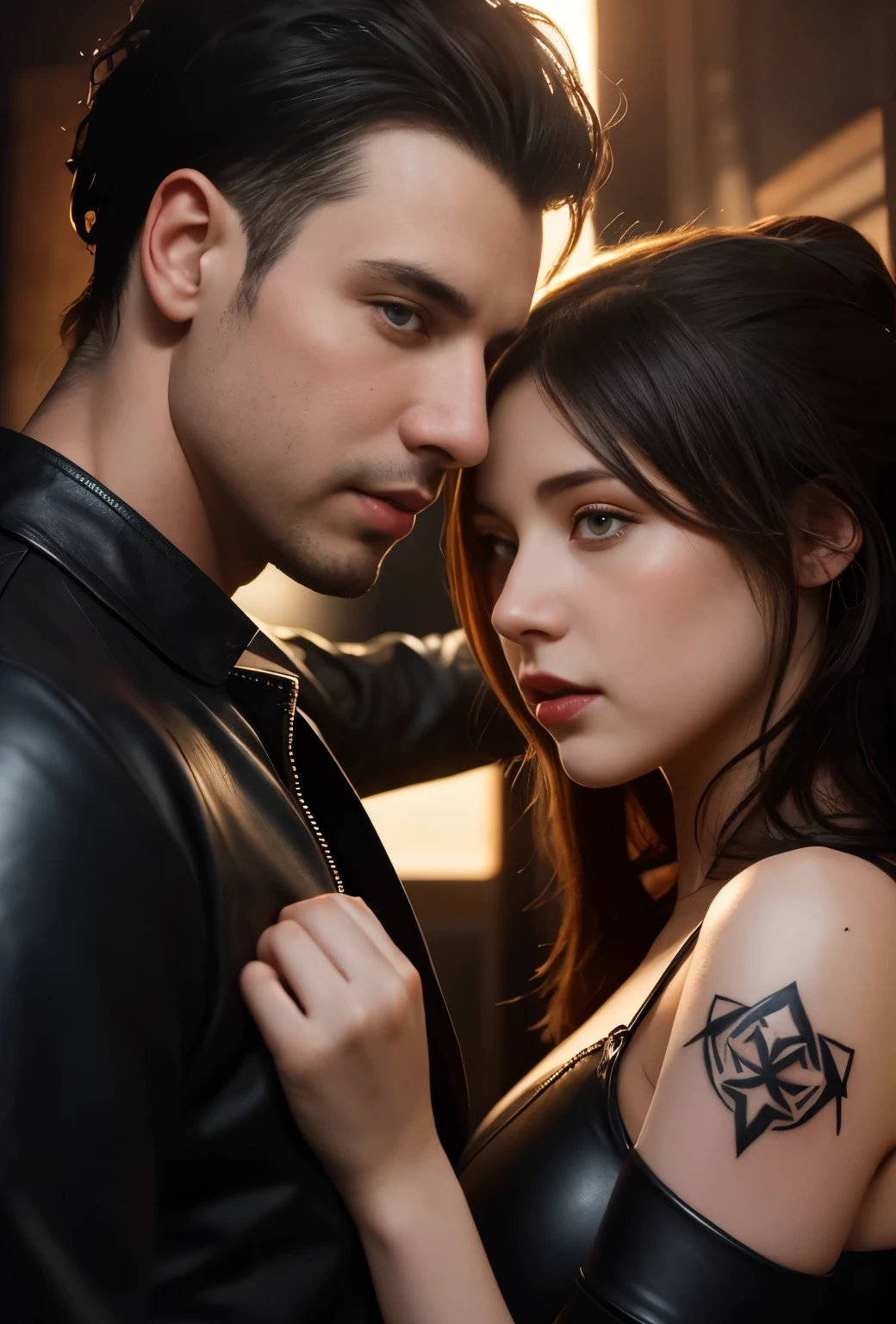 there is a man and woman that are posing for a picture, with rune tattoos on the face, darius zawadzki and tom bagshaw, rammstein, till lindemann, profile image, by Nikita Veprikov, die antwoord style wear, promo art, by Elena Guro, kiss, charlie bowater and mark brooks, arafed woman in a black leather outfit with a dragon on her shoulder, dark fantasy style, trending on cgstation, wojtek fus, by Yoshihiko Wada, [ trending on cgsociety ]!!, cgsociety - n 5, cgsociety ), fantasy art behance, by Yang J, cgsociety 9, cgsociety 8k, cgsociety 8k