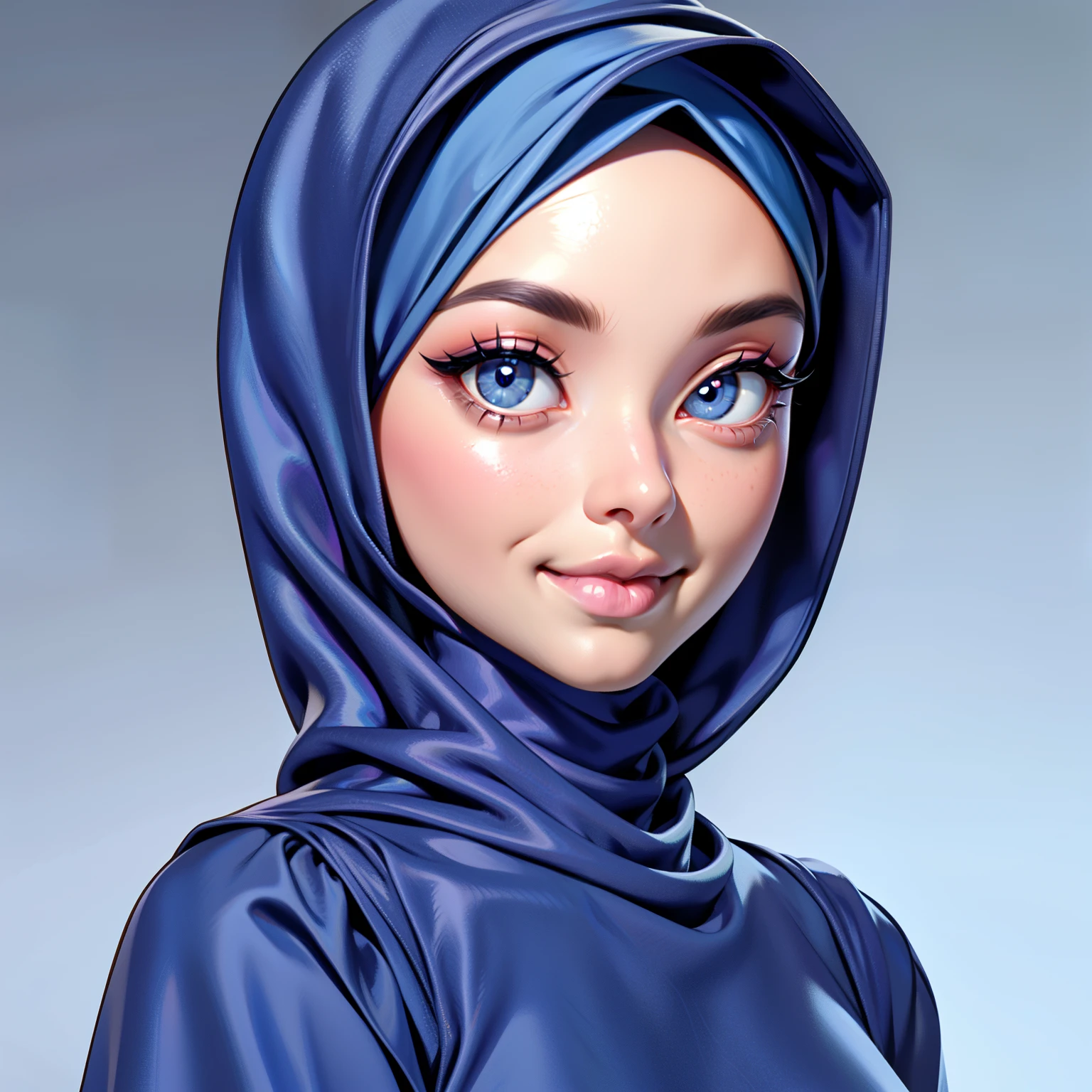 3dmm style, Masterpiece, realistic, best quality, best lighting, beautiful mature Czech woman, 1 girl photo solo, beautifully makeup, eyeshadow, Parted Lips, Detailed Eyes, beautiful big eyes, long eye lashes, dimples on the cheeks, smile, wearing ((Dark blue satin hijab)), loosely tide hijab style, ((gray satin turtleneck shirt and satin long skirt)), (close up portrait), Side view, standing straight, symmetric Centered facing the viewer.