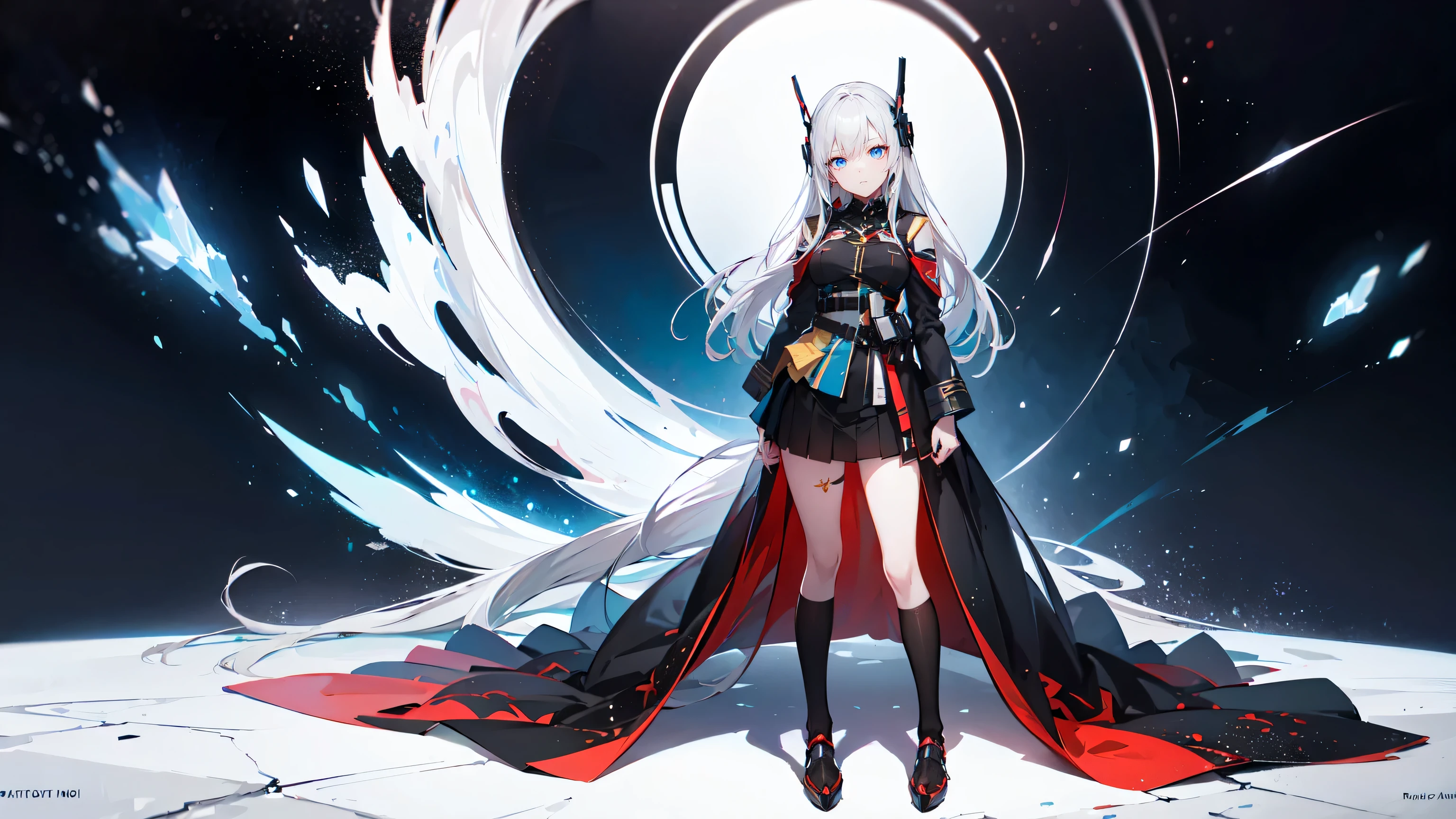 masterpiece, best quality, ultra-detailed, glistening shiny, glowing light, ray tracing, HDR, deph of field, (perfect face, detailed face, detailed eyes,perfect hands,perfect fingers), 8k,HD,ultra realistic face,ray tracing,perfect lighting,best quality, ultra-detailed, shiny eyesanime girl with long white silver hair and blue eyes standing in front of a dark sky, portrait anime space cadet girl, best anime 4k konachan wallpaper, girls frontline universe, from girls frontline, anime style 4 k, anime art wallpaper 4 k, anime art wallpaper 4k, 4k anime wallpaper, anime wallpaper 4 k, anime wallpaper 4k, (((full body))), character is on right side, on planet, space, space at night, star (red military uniform, skirt), (eyes detail), 