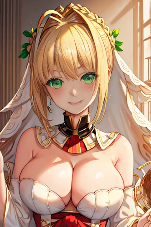 best quality, masterpiece, highres, solo, {nero_claudius_fgo:1.15}, blonde_hair, ahoge, green_eyes, hair_intakes, breasts, bangs, smile, large_breasts, blush, cleavage, braid, hair_between_eyes, long_hair