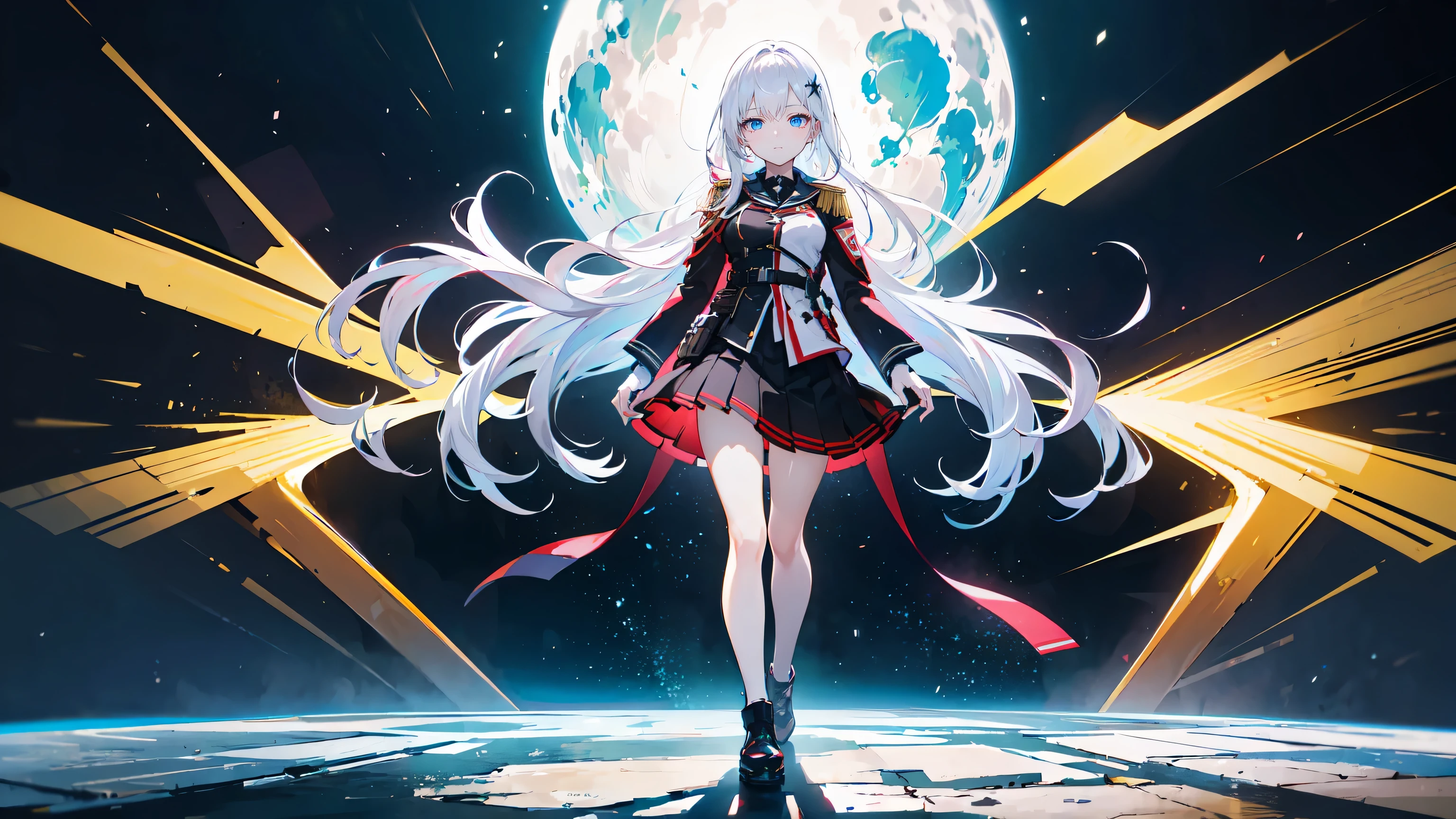 masterpiece, best quality, ultra-detailed, glistening shiny, glowing light, ray tracing, HDR, deph of field, (perfect face, detailed face, detailed eyes,perfect hands,perfect fingers), 8k,HD,ultra realistic face,ray tracing,perfect lighting,best quality, ultra-detailed, shiny eyesanime girl with long white silver hair and blue eyes standing in front of a dark sky, portrait anime space cadet girl, best anime 4k konachan wallpaper, girls frontline universe, from girls frontline, anime style 4 k, anime art wallpaper 4 k, anime art wallpaper 4k, 4k anime wallpaper, anime wallpaper 4 k, anime wallpaper 4k, (((full body))), character is on right side, on planet, space, space at night, star (red military uniform, skirt), (eyes detail),