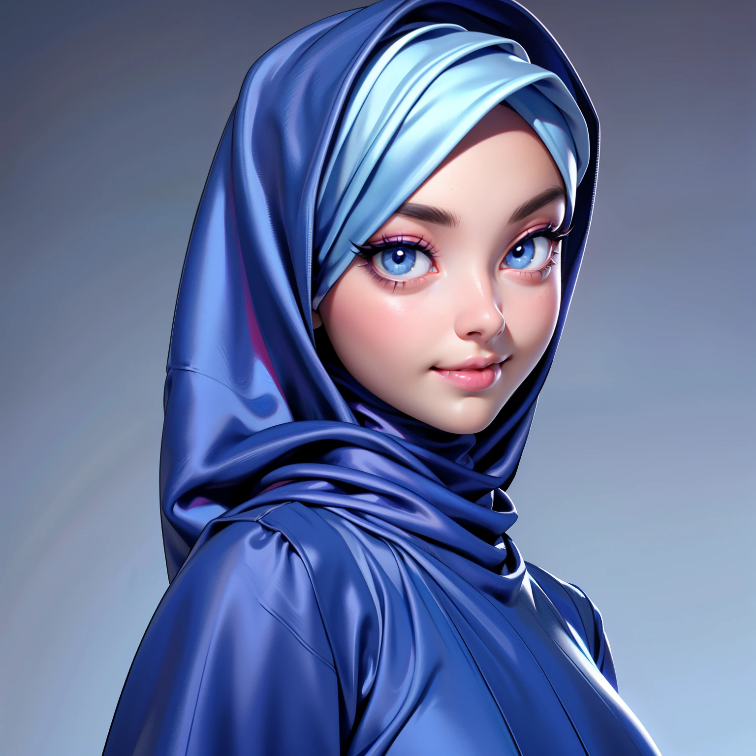 3dmm style, Masterpiece, realistic, best quality, best lighting, beautiful mature Czech woman, 1 girl photo solo, beautifully makeup, eyeshadow, Parted Lips, Detailed Eyes, beautiful big eyes, long eye lashes, dimples on the cheeks, smile, wearing ((Dark blue satin hijab)), loosely tide hijab style wrapping her hair, ((gray satin turtleneck shirt and satin long skirt)), (close up portrait), Side view, standing straight, symmetric Centered facing the viewer.