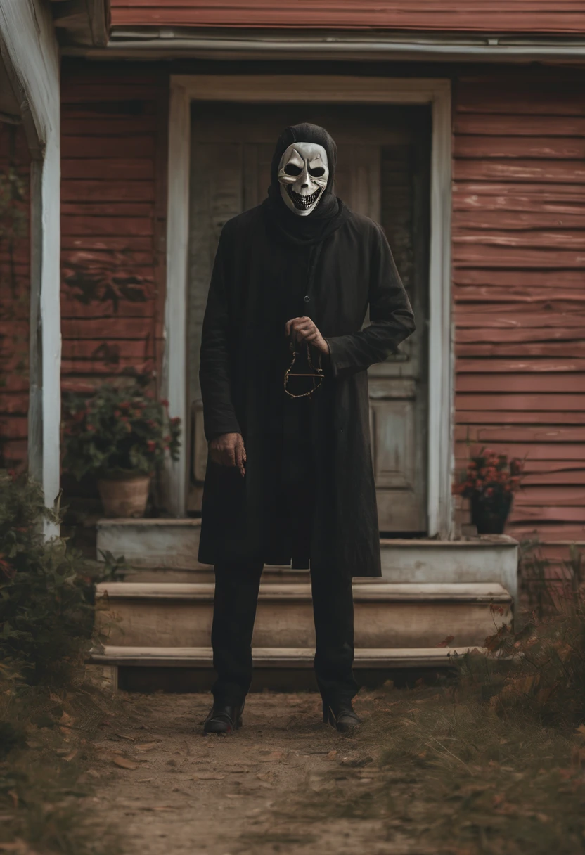 Homem cheio de sangre, wearing dark clothes and macabre mask, em frente uma casa tradicionalmente americana, enquanto segura um machado sangrento 