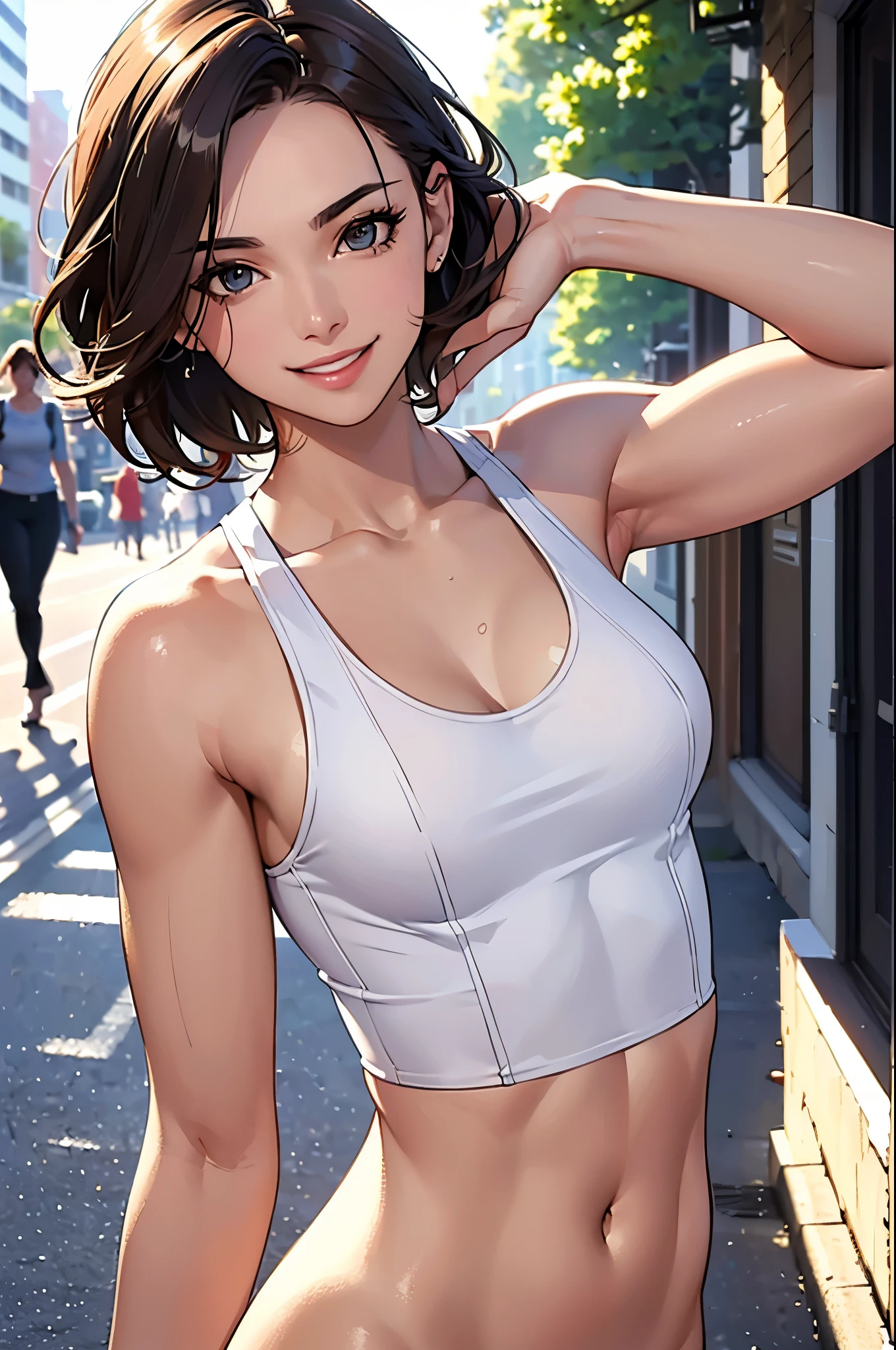 RAW photos, camera gaze, ((top quality, 8k, masterpiece: 1.3)), sharp focus: 1.2, white cropped tank top, pretty features, best smile, cute smile, beautiful woman in perfect style: 1.4, slender abs: 1.2, dark brown hair, (natural light, city street: 1.1), highly detailed face and skin texture, detailed eyes,