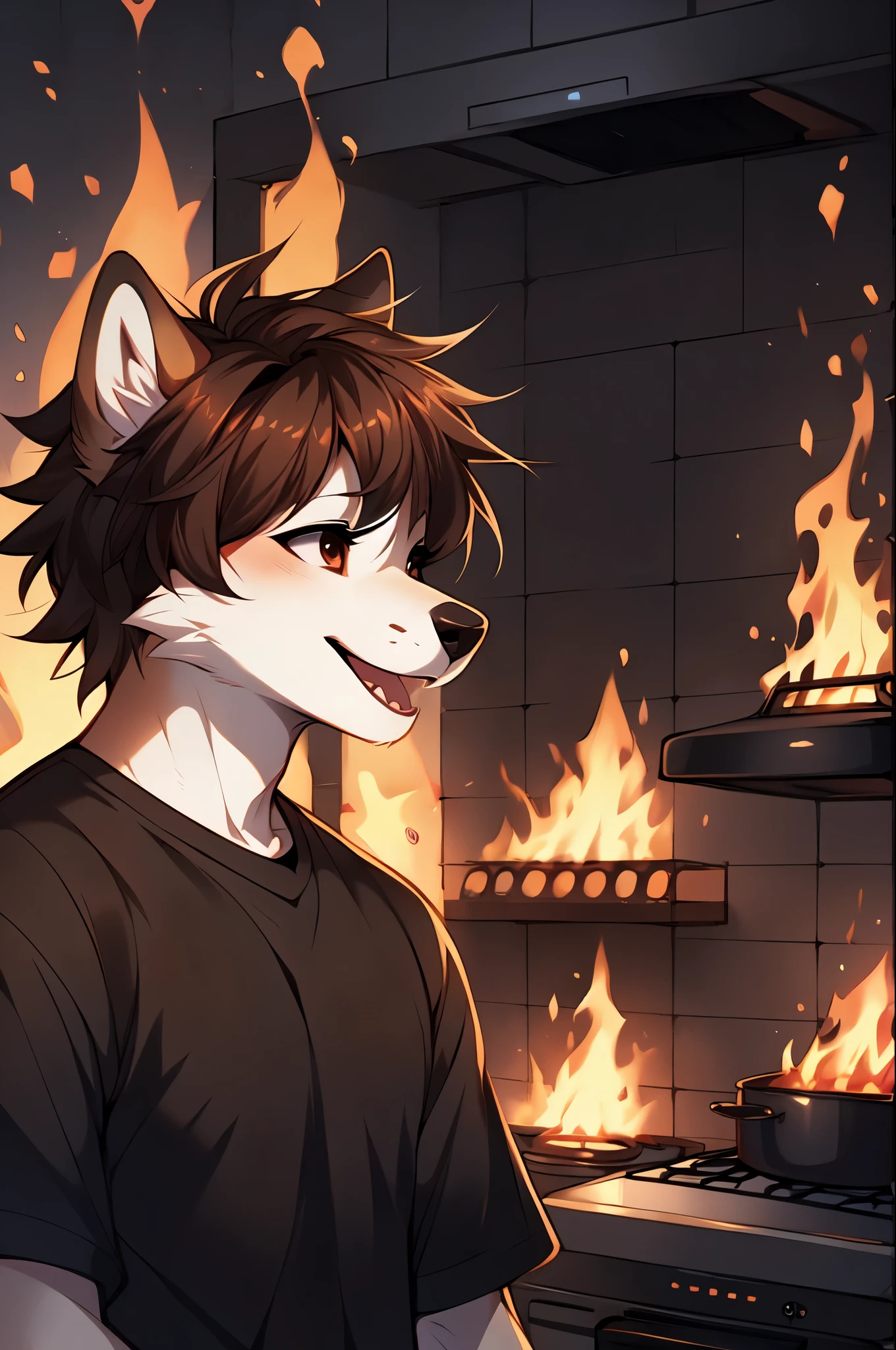 Jaiden, solo, by fumiko, by hyattlen, by hioshiru, brown wolf male, brown ears, shaggy brown hair, brown eyes, looking forward, cute snout, black nose, wearing white t shirt, in a burning kitchen, the kitchen is on fire, burning house, fire:2, everything is on fire! Mouth open, smiling, looking forward, dead eyed, 