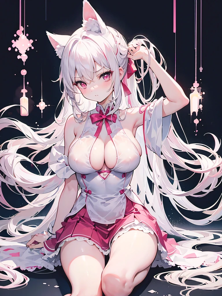big breasts，突出big breasts，特写big breasts，Wearing maid outfit，blush, surprise，look at me，red pupils，Lace tights，beautiful hair、 beautiful eyes、 beautiful skin、beautiful legs、beautiful arms、perfect fingers、 very cute，white hair, long hair，white cat ears, white cat tail,best quality，high resolution，top quality，Pink bow，slender eyebrows，hair slightly moist，On a very large white bed, white pillows，perfect waist，Skirt has cutouts at the end，Pouting，The clothes are a little wet，，very young，18 years old，shy smile，Long messy white hair tied up，tempting pose，chiaroscuro，bare shoulders，Naked room，slit sleeves，There are a few drops of water on the breast，bare legs，barefoot，Ray tracing，disdainful expression，Beautiful girl alone，Most of the body is exposed，pink miniskirt，Lift up the skirt gently with both hands，Top character light and shadow description