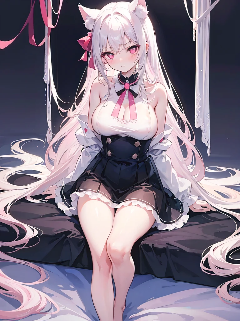 big breasts,突出big breasts,特写big breasts,Wearing maid outfit,blush, surprise,look at me,red pupils,Lace tights,beautiful hair、 beautiful eyes、 beautiful skin、beautiful legs、beautiful arms、perfect fingers、 very cute,white hair, long hair,white cat ears, white cat tail,best quality,high resolution,top quality,Pink bow,slender eyebrows,hair slightly moist,On a very large white bed, white pillows,perfect waist,Skirt has cutouts at the end,Pouting,The clothes are a little wet,,very young,18 years old,shy smile,Long messy white hair tied up,tempting pose,chiaroscuro,bare shoulders,Naked room,slit sleeves,There are a few drops of water on the breast,bare legs,barefoot,Ray tracing,disdainful expression,Beautiful girl alone,Most of the body is exposed,pink miniskirt,Lift up the skirt gently with both hands,Top character light and shadow description