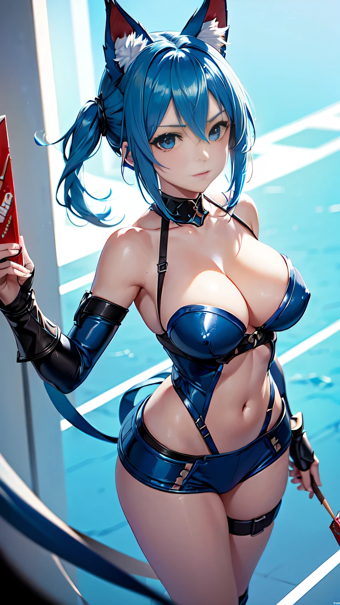 intrincate details: "(a video game character in an anime style has big blue eyes and blue hair, 1girl, blue hair, breasts, beak of pocky animal ears, looking at viewer, blue eyes, short hair, armor)"