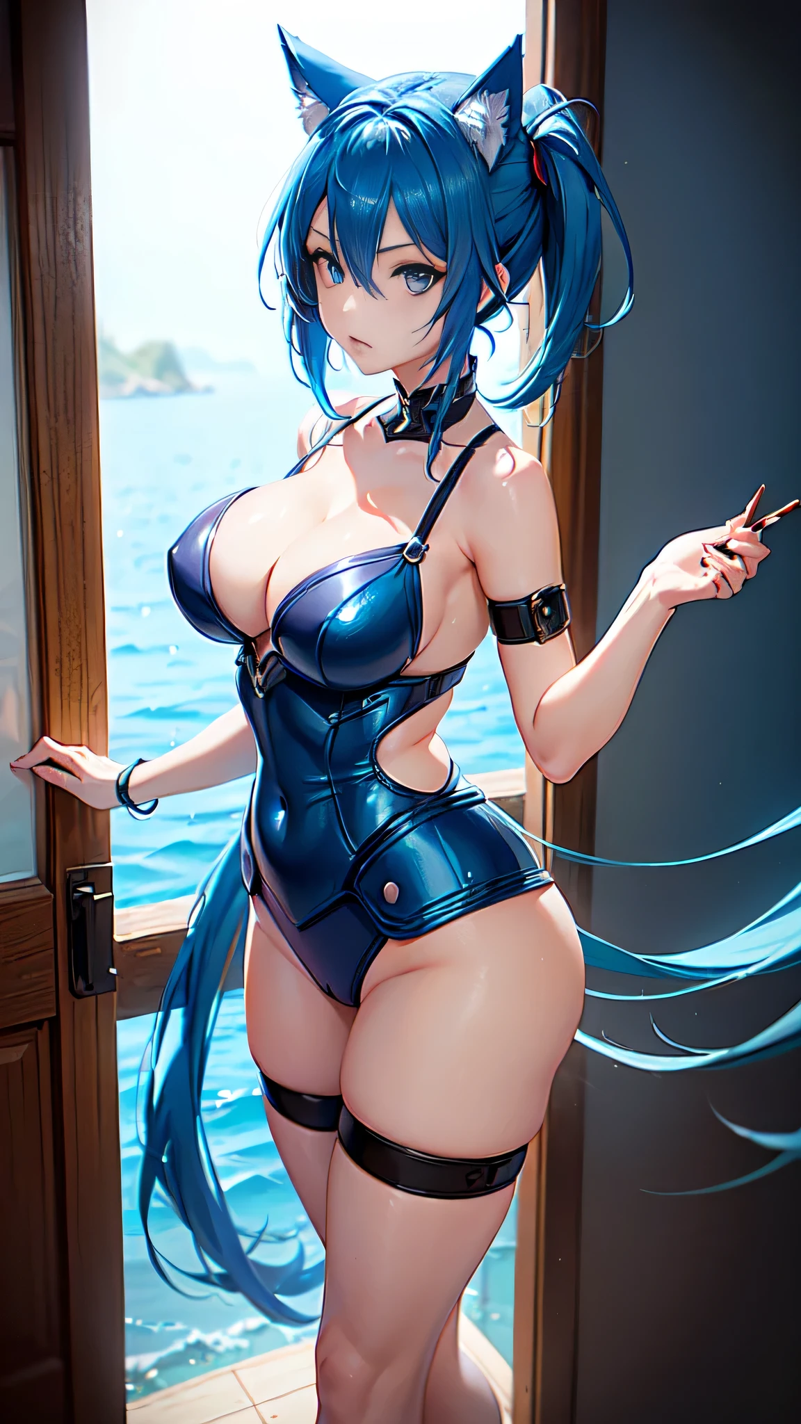 intrincate details: "(a video game character in an anime style has big blue eyes and blue hair, 1girl, blue hair, breasts, beak of pocky animal ears, looking at viewer, blue eyes, short hair, armor)"
