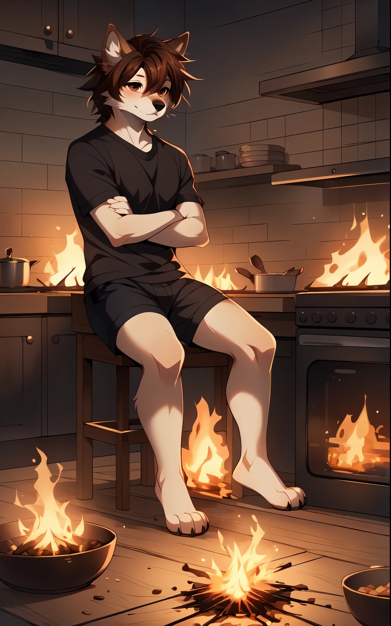 Jaiden, solo, by fumiko, by hyattlen, by hioshiru, brown wolf male, brown ears, shaggy brown hair, brown eyes, looking forward, cute snout, black nose, wearing white t shirt, black shorts, barefoot, sitting on a wooden chair, a table in front of him, in a burning kitchen, the kitchen is on fire, stiff sitting position, burning house, fire:2, everything is on fire!